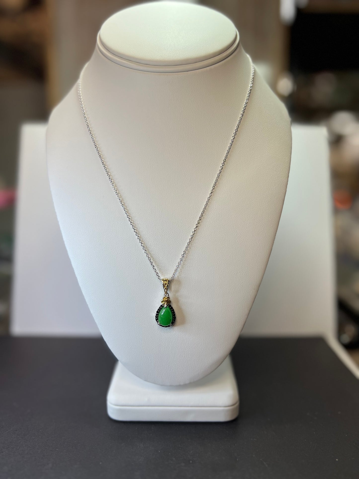 Green Jade and black spinel teardrop two toned sterling silver pendant and chain necklace