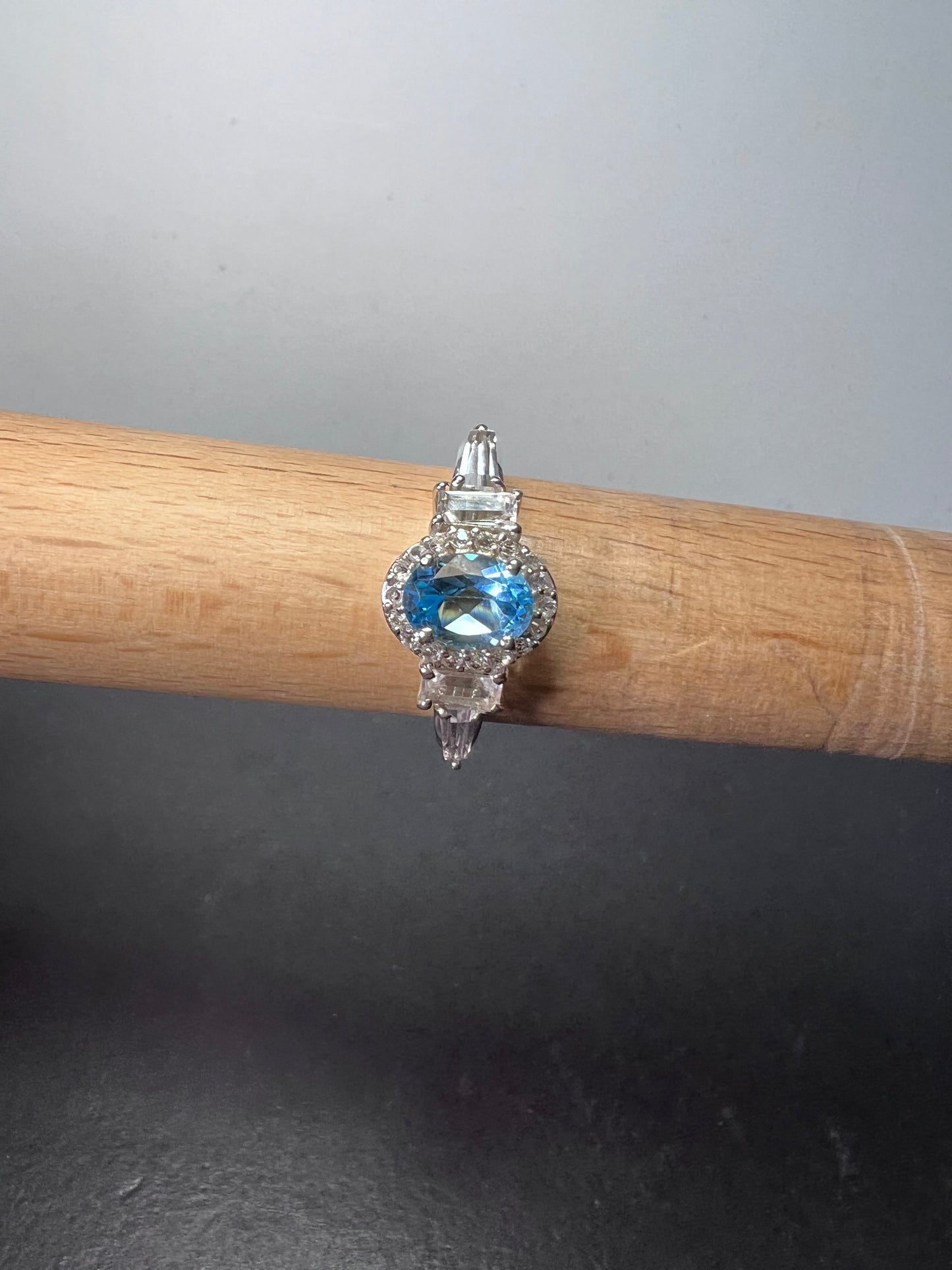 Blue and white topaz sterling silver halo ring size 9