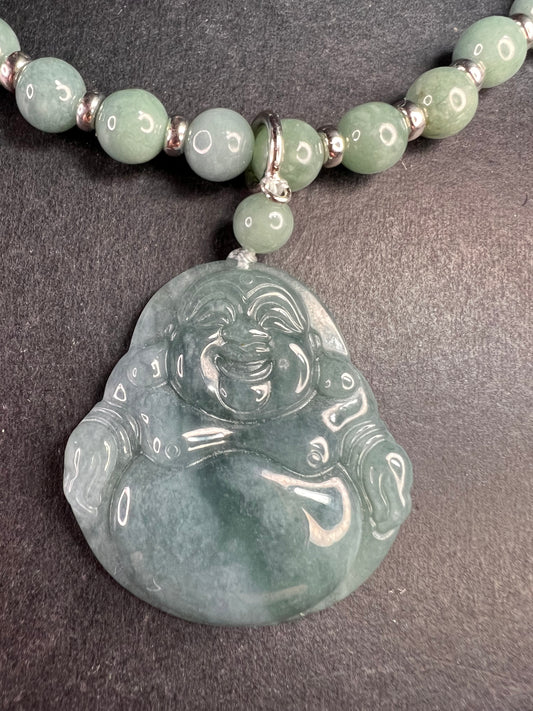 NEW Olmec Jadeite carved Buddha necklace in sterling silver