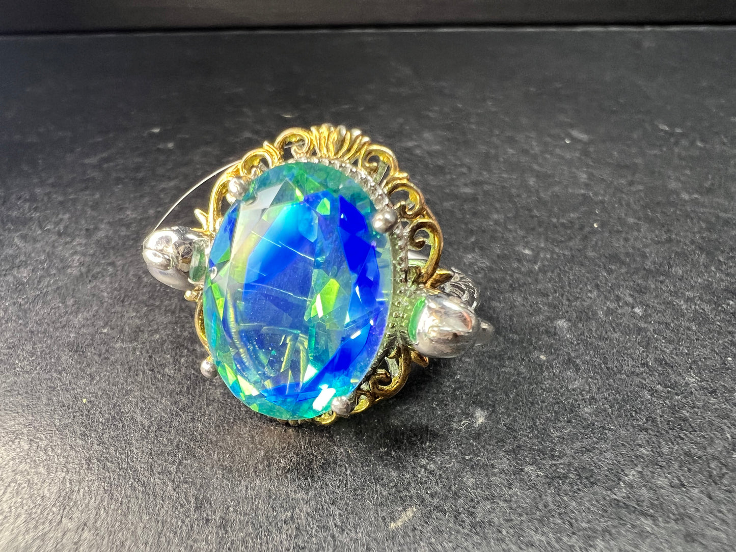 Sterling Silver Peacock Quartz Statement Ring Size 9