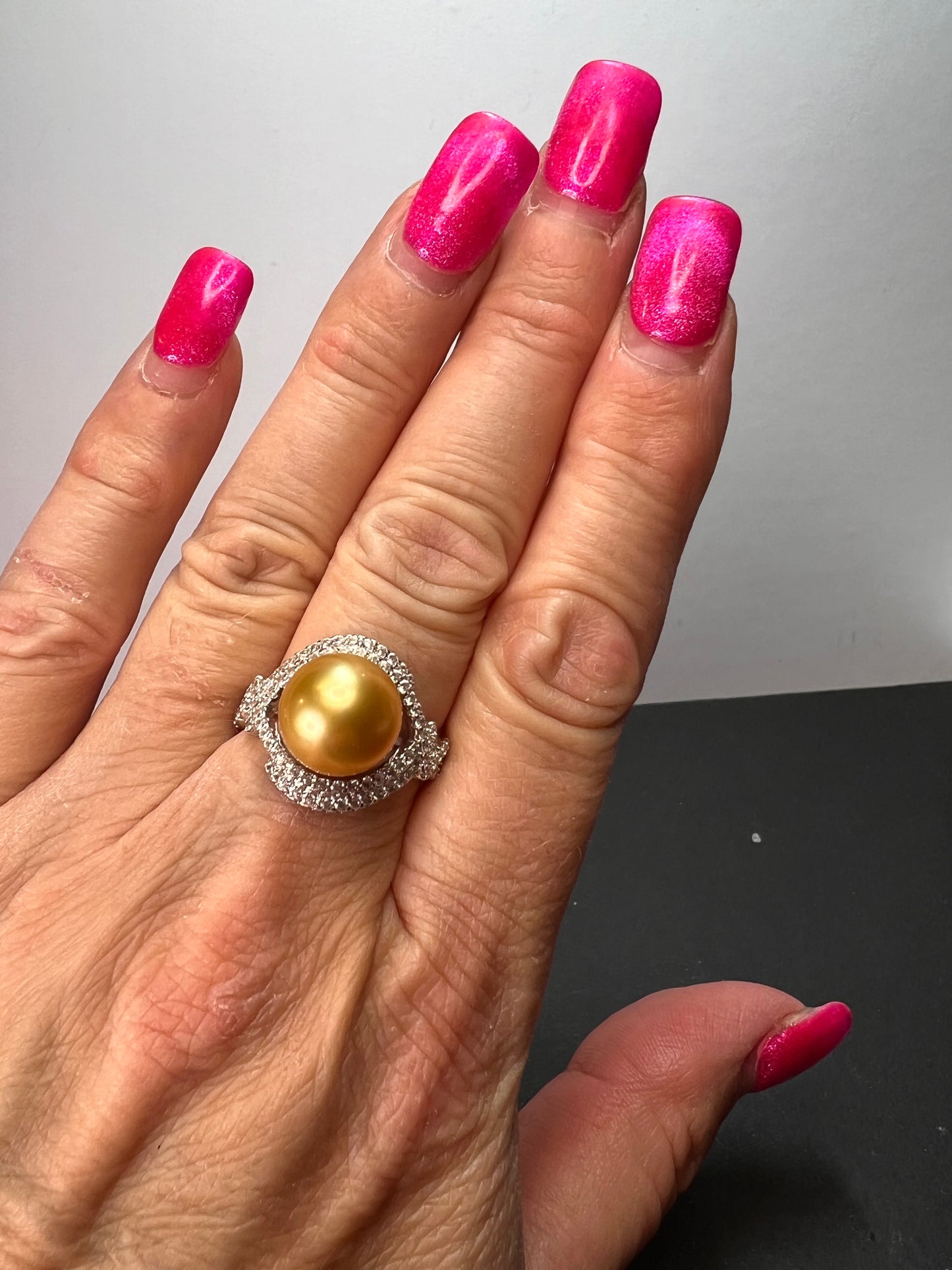 AAA1 Natural Color Deep Gold 11mm Golden South Sea Cultured Pearl and Zircon ring in rhodium over Sterling silver size 9