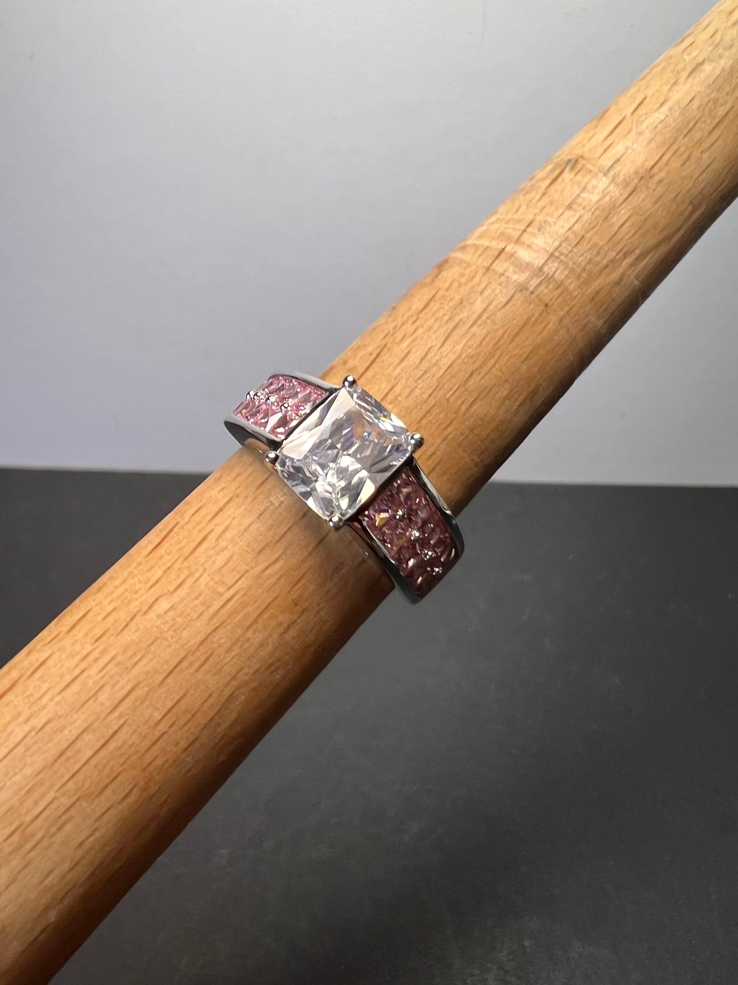 Pink and white CZ rhodium over sterling silver ring size 9