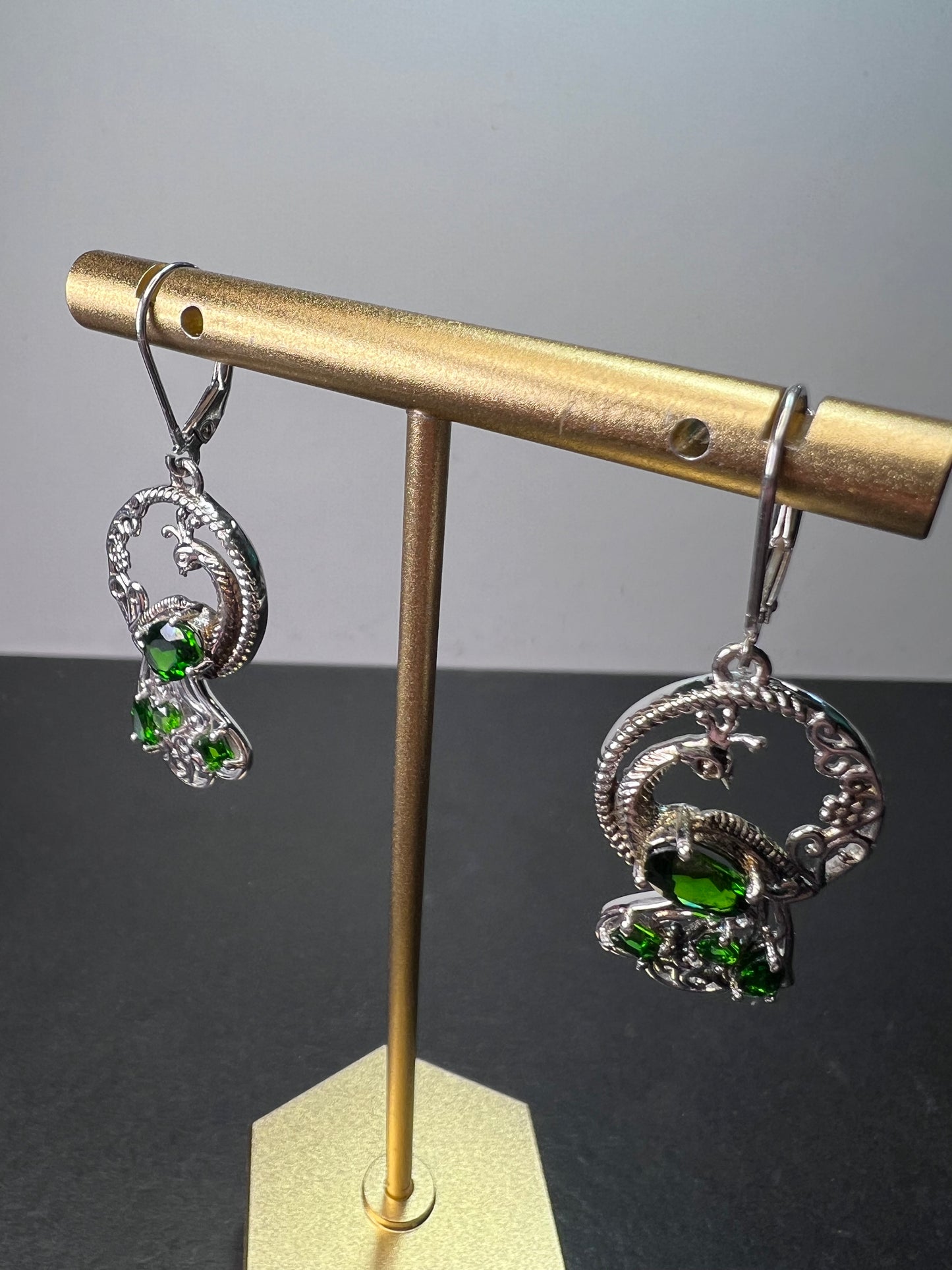 Chrome diopside sterling silver peacock dangle earrings