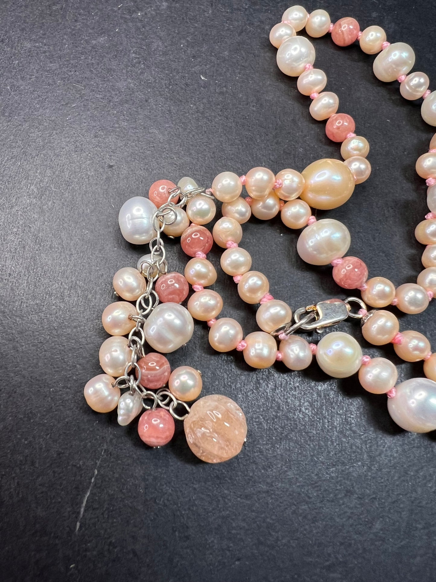 NEW freshwater pearl, rhodochrosite and morganite necklace with sterling silver clasp
