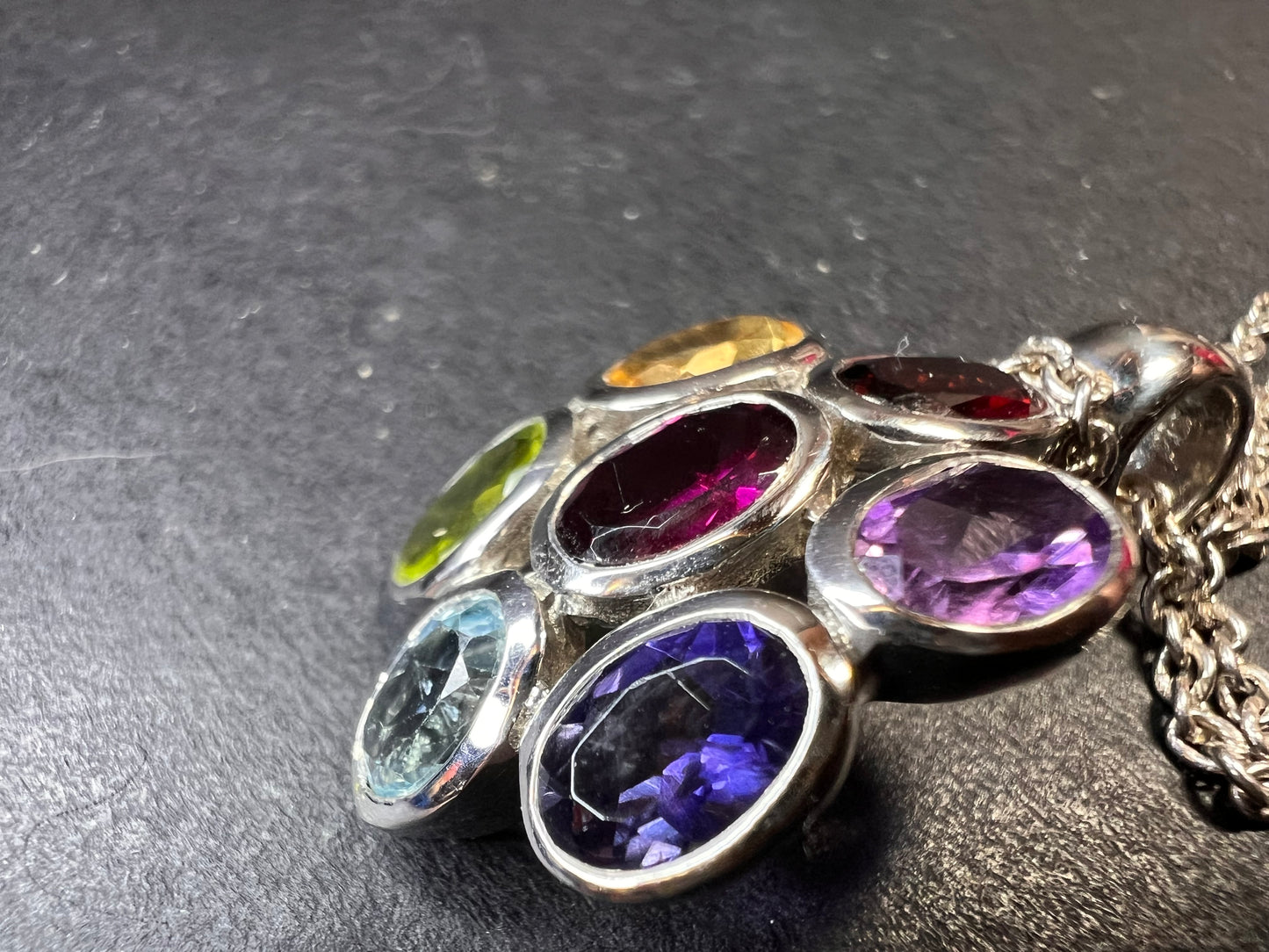 Vintage multi gemstone cluster pendant necklace in sterling silver