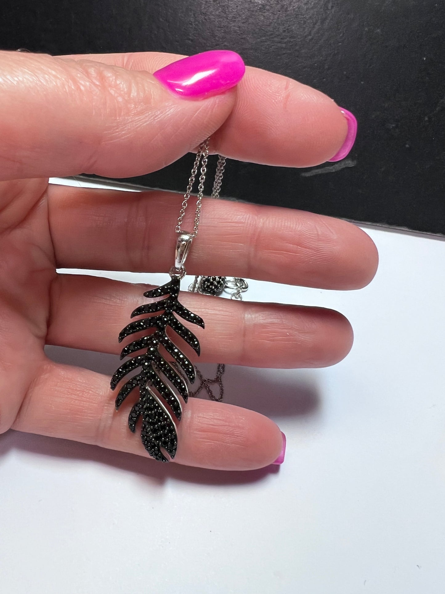 Black Spinel Sterling Silver Feather Pendant With 18 inch Chain