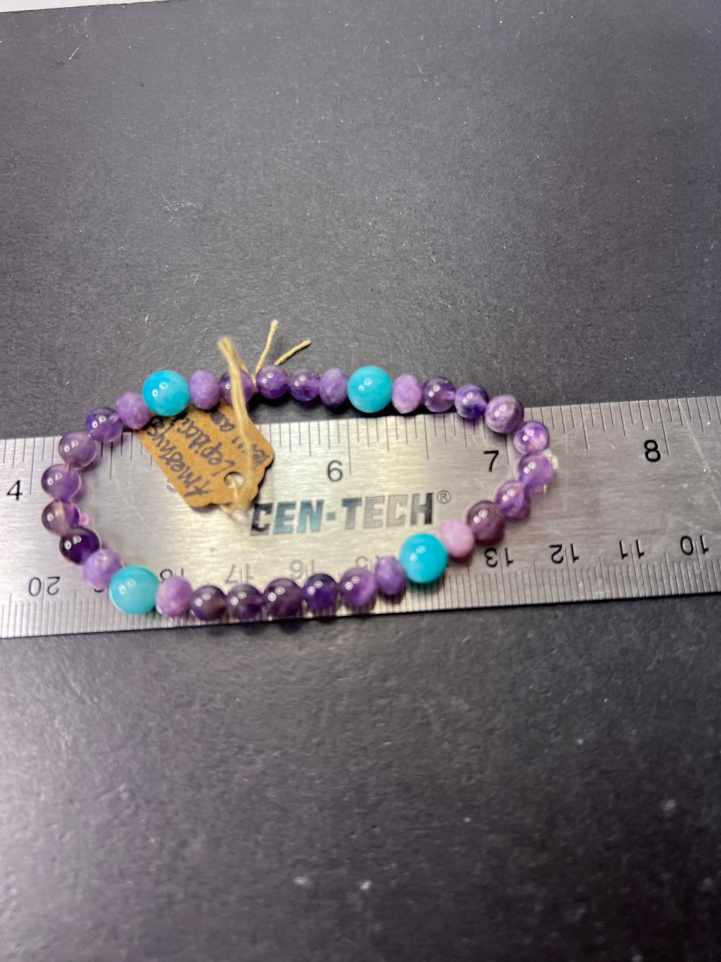 Amethyst, lepidolite, and Peruvian amazonite stretch cord bracelet for 7 inch wrist