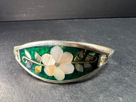 Vintage MCM Alpaca Silver Color Link Bracelet - Mixed Stone Inlay Panel 7.5"