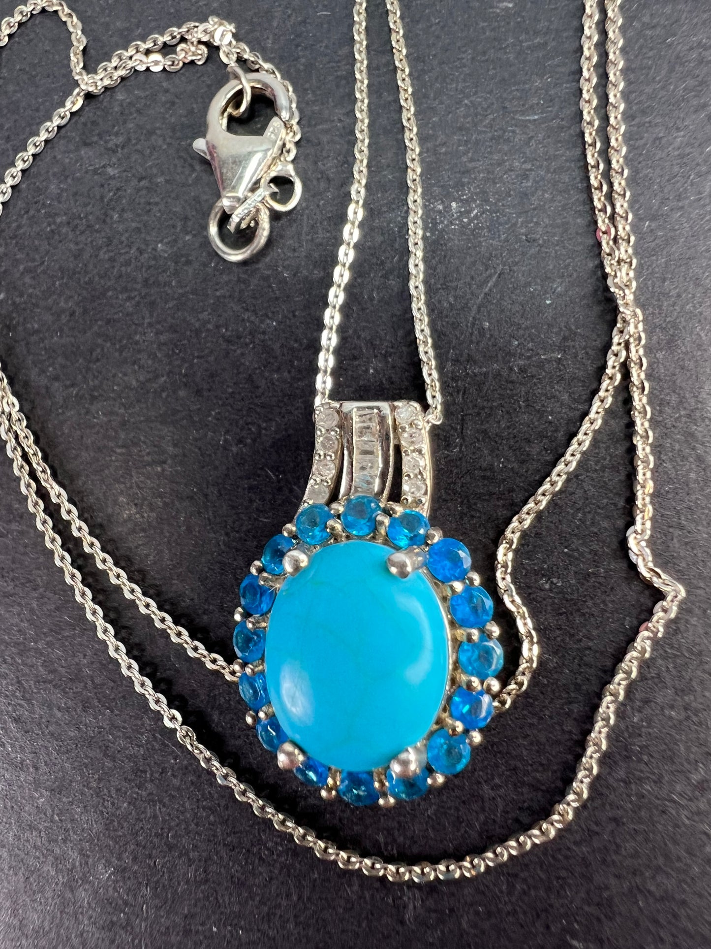 Sleeping Beauty turquoise , Malgache neon apatite and diamond halo pendant necklace in platinum over sterling silver with 20 inch chain 4.85ctw