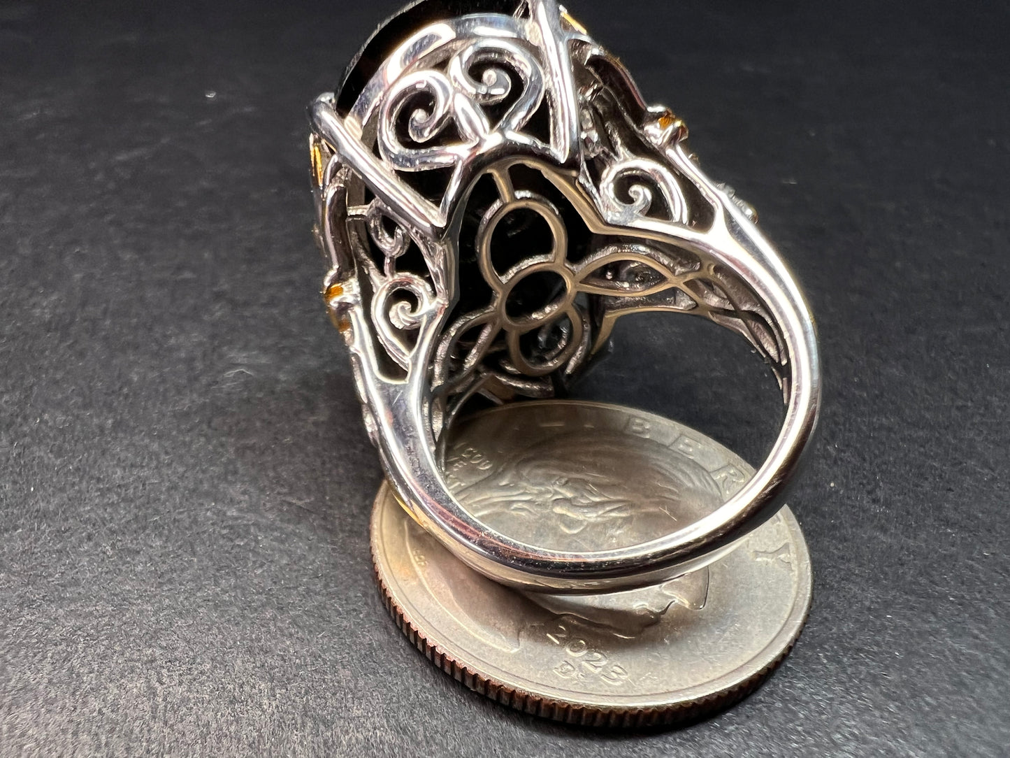 NEW Black spinel Phoenix ring in rhodium and gold vermeil over sterling silver size 7