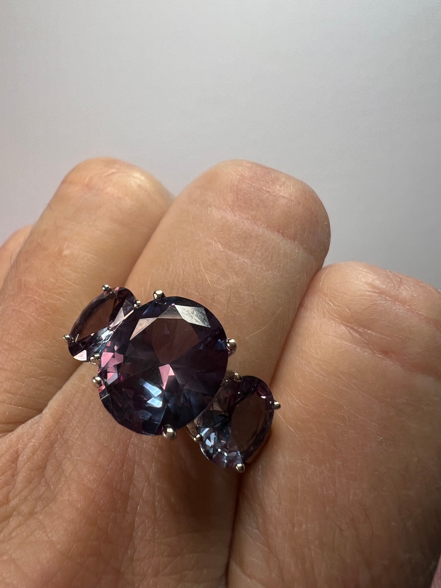 Lab created alexandrite trilogy ring in rhodium over sterling silver size 9