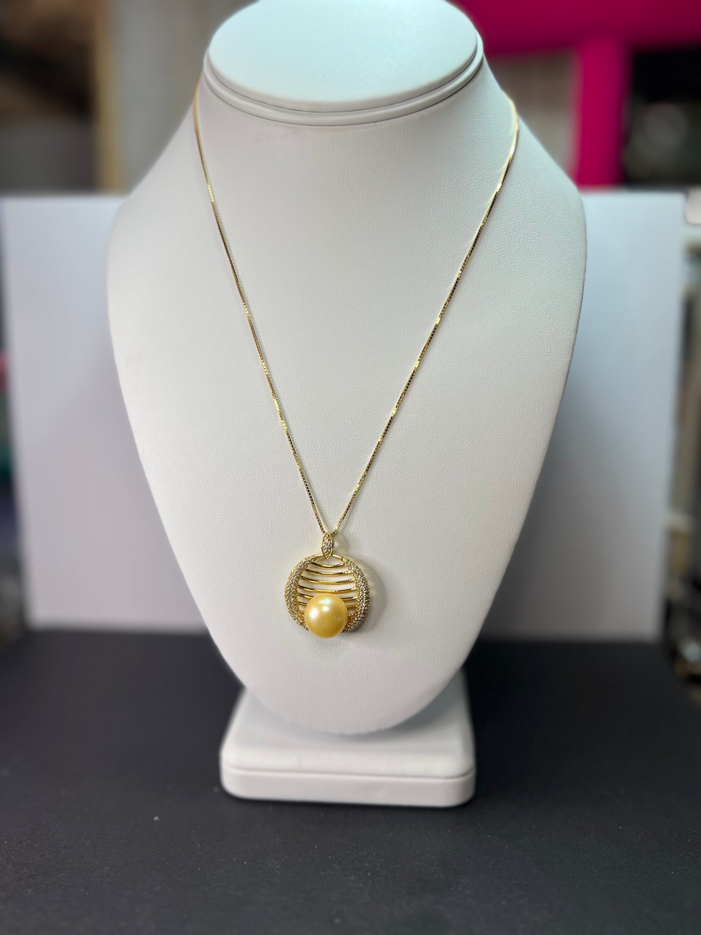 Golden yellow cultured pearl pendant in gold over sterling silver with chain