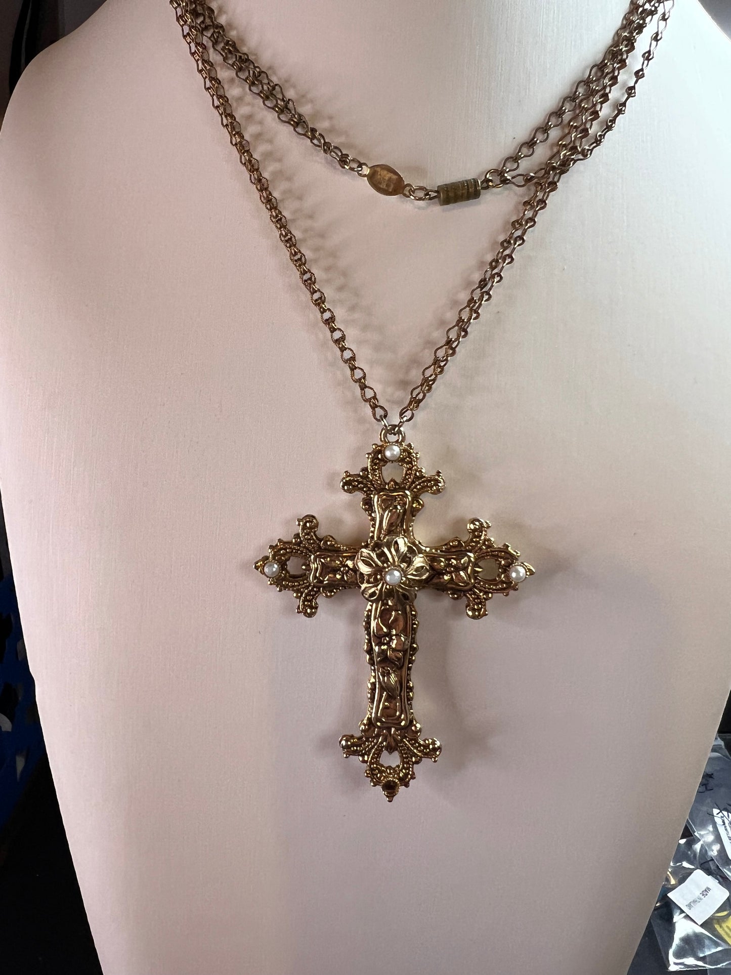 Vintage 1928 Gold Tone Cross Pendant Necklace with Faux Pearls – Long Chain Statement Jewelry