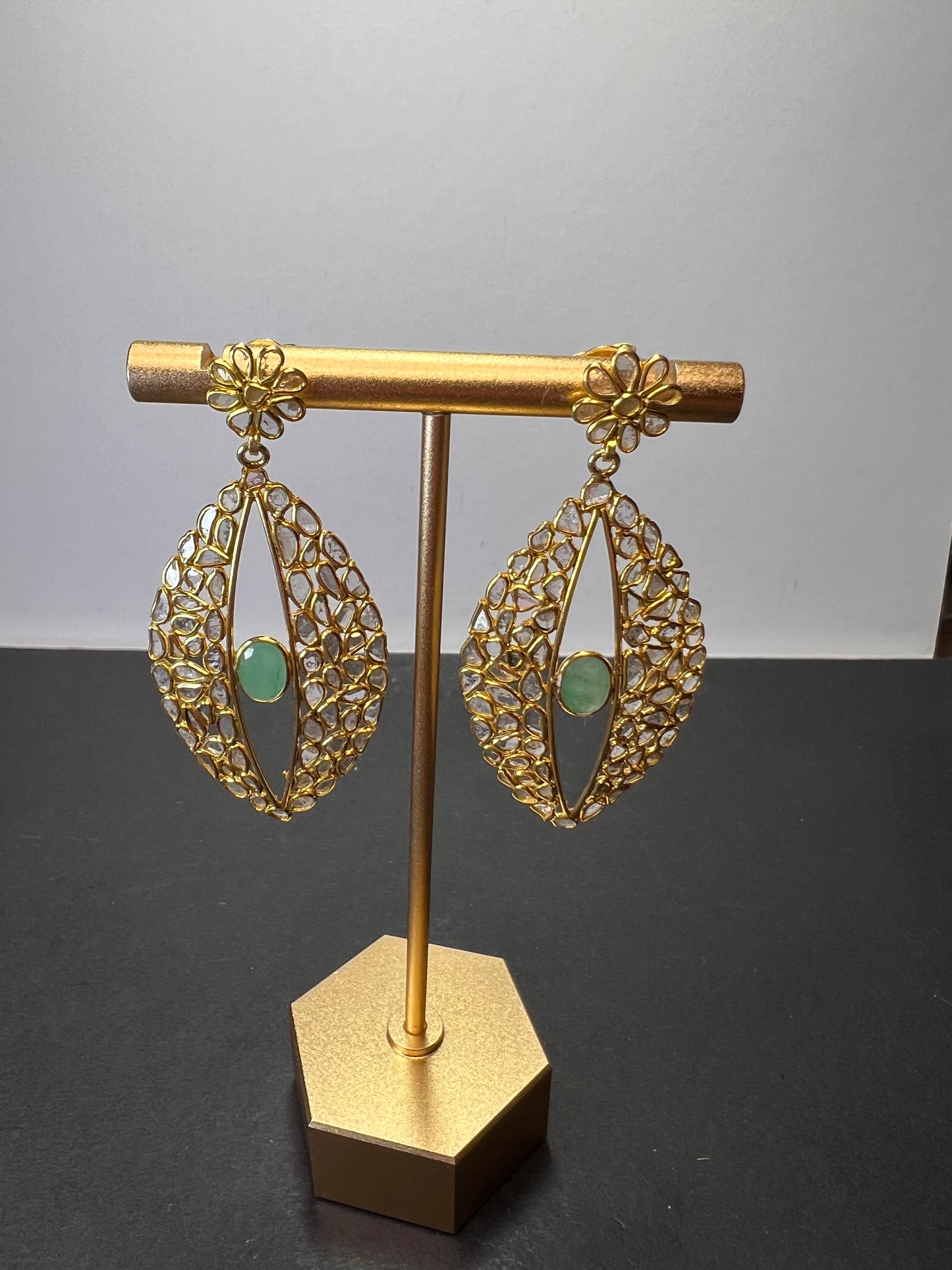 Polki diamond slices and emerald gold over sterling silver open marquee drop earrings