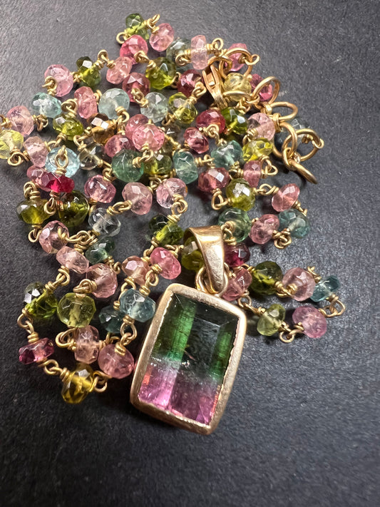 Vintage 14k & 18k gold watermelon tourmaline pendant necklace