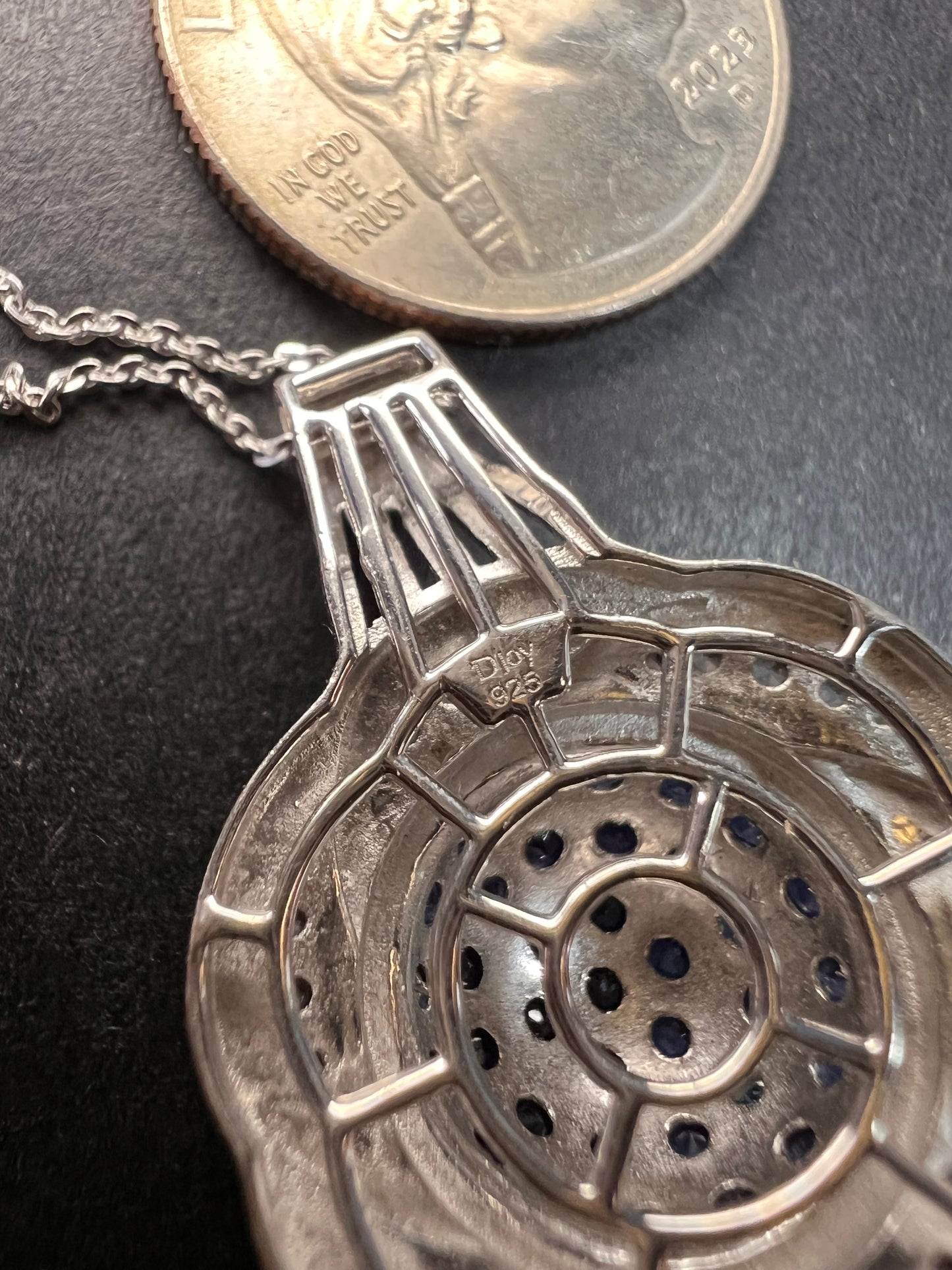 NEW blue sapphire and zircon galaxy halo pendant and chain in rhodium over sterling silver