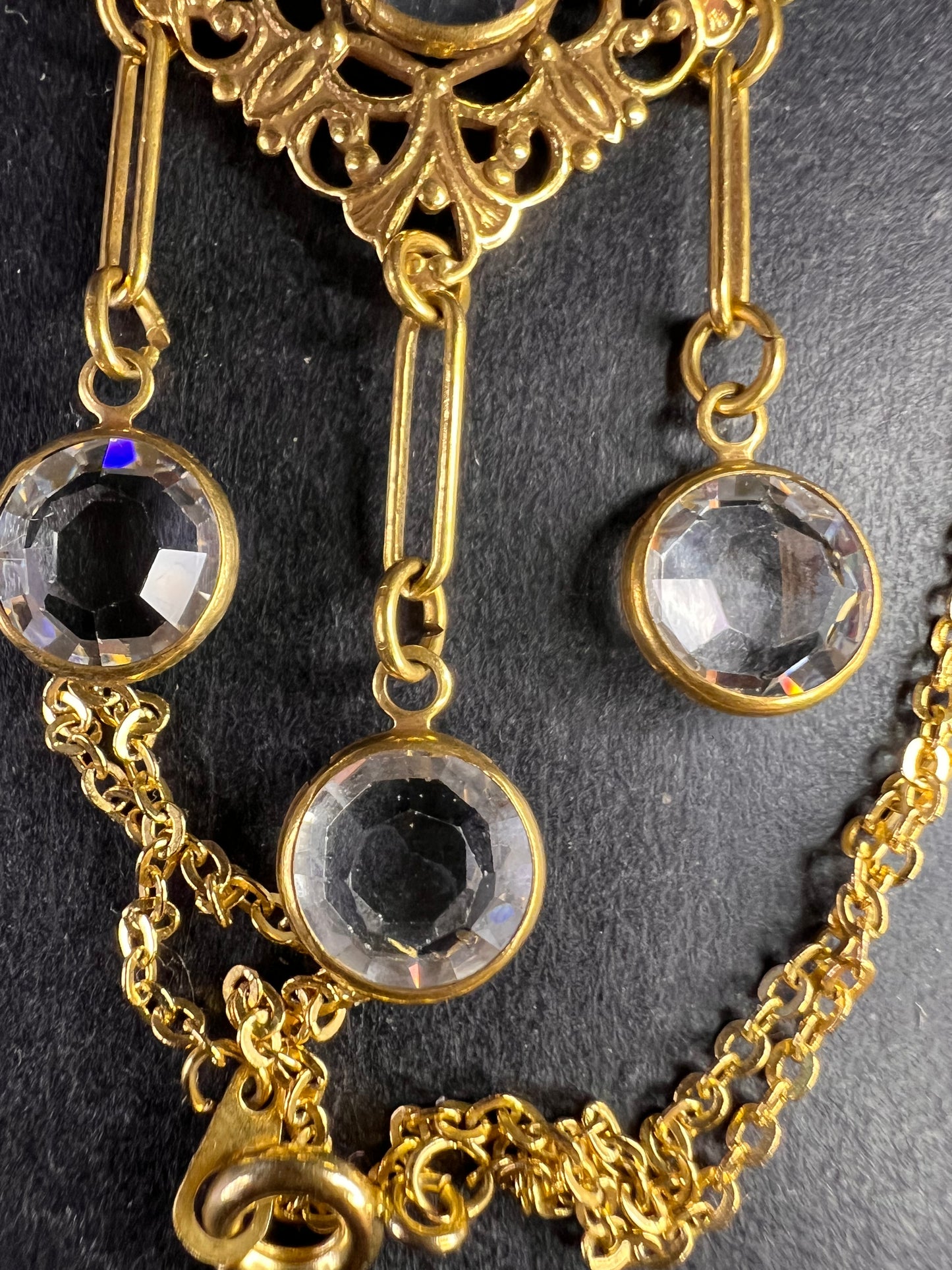 Vintage Victorian Revival Gold Tone Filigree Chandelier Necklace w/ Rivoli Glass