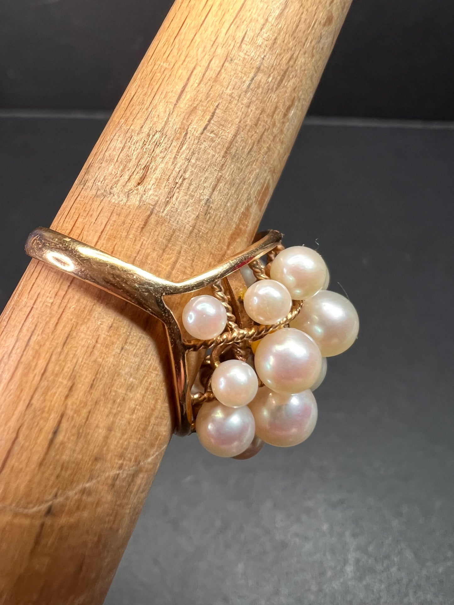 Vintage 14K Gold Cluster Pearl Cocktail Ring – Mid Century Dome Design- size 6