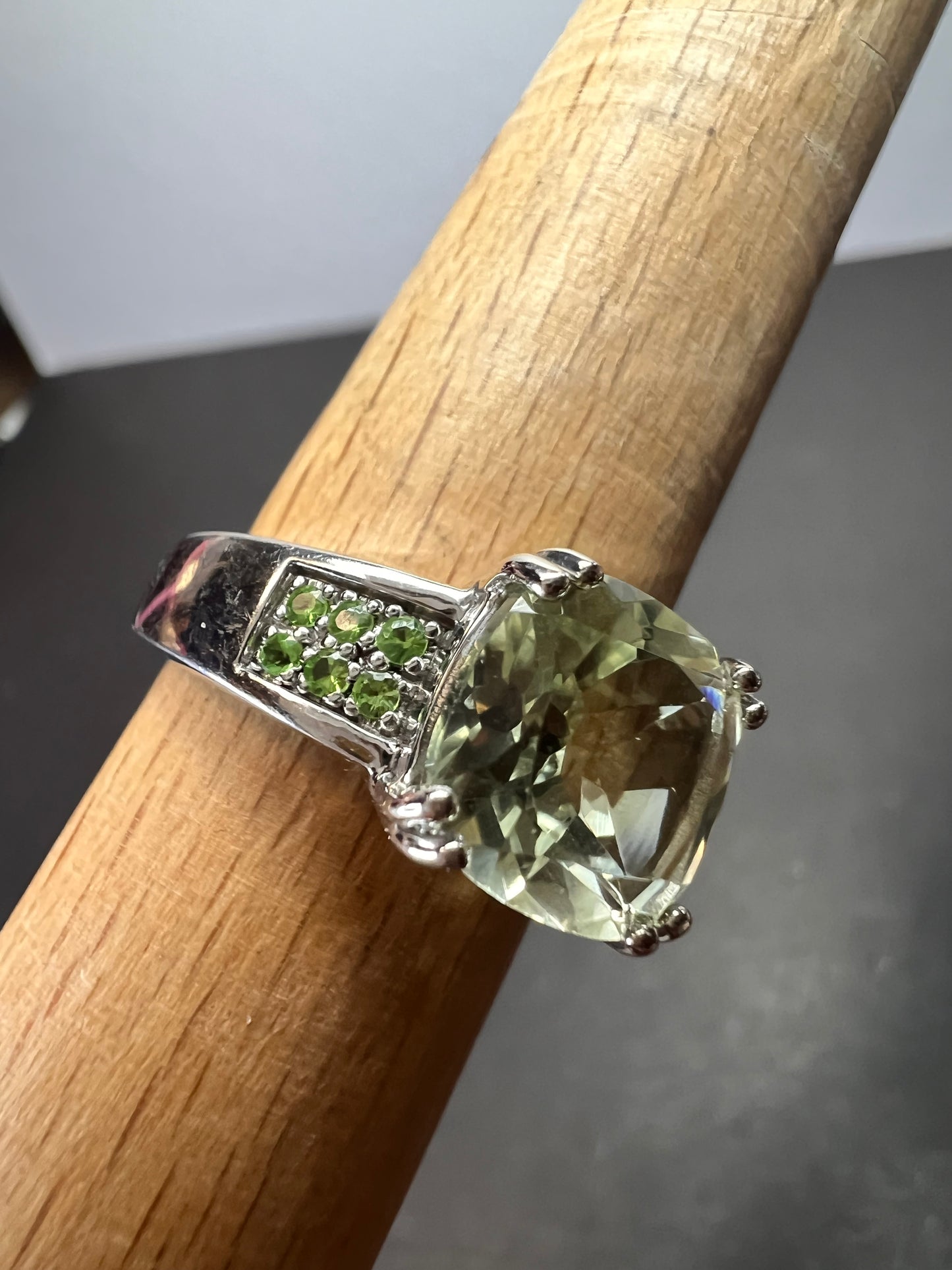 Green Prasiolite and tsavorite green garnet Rhodium Over Sterling Silver Ring 3.28ctw size 9