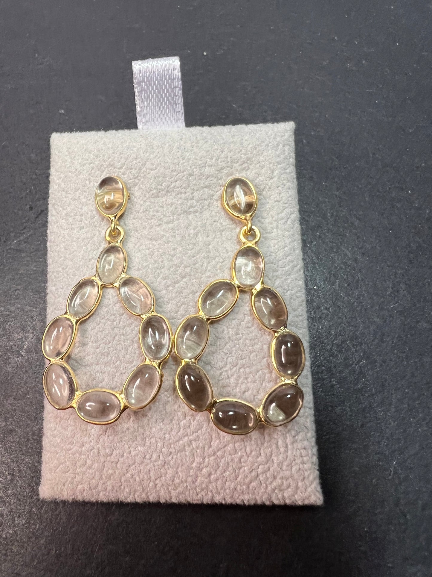 Smoky quartz open teardrop earrings in gold over sterling silver