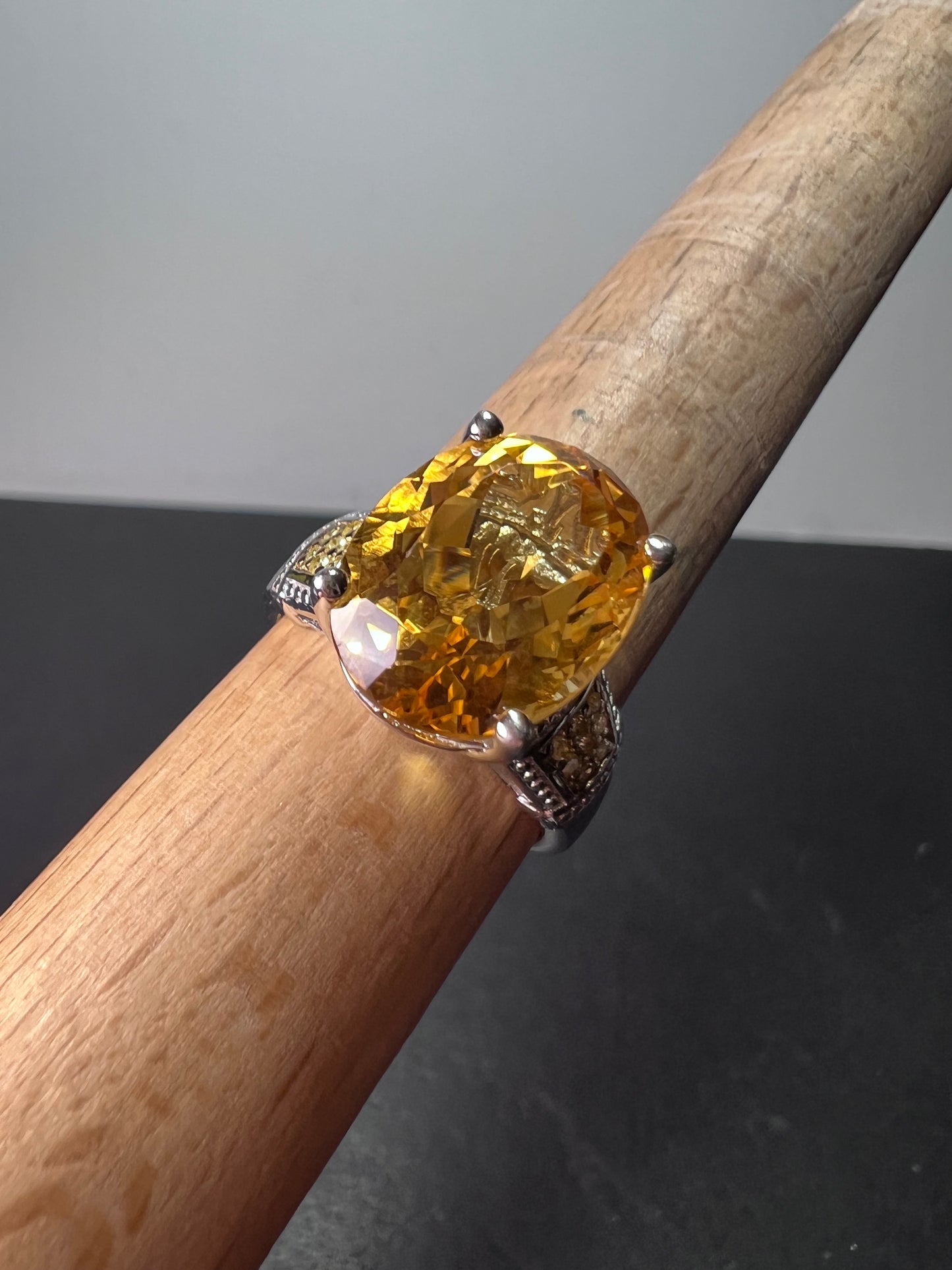 Citrine and yellow diamond ring in sterling silver size 10. 7.55 ctw