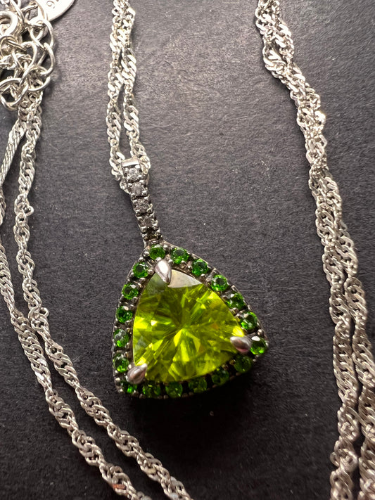 Trillium cut peridot and chrome diopside halo pendant and chain sterling silver necklace