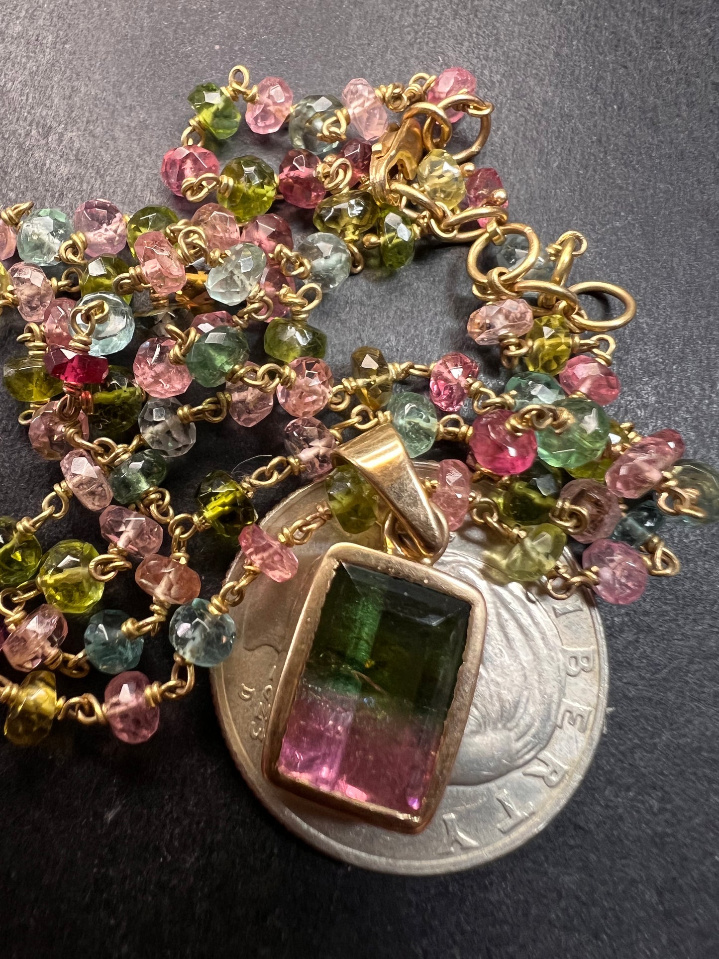 Vintage 14k & 18k gold watermelon tourmaline pendant necklace
