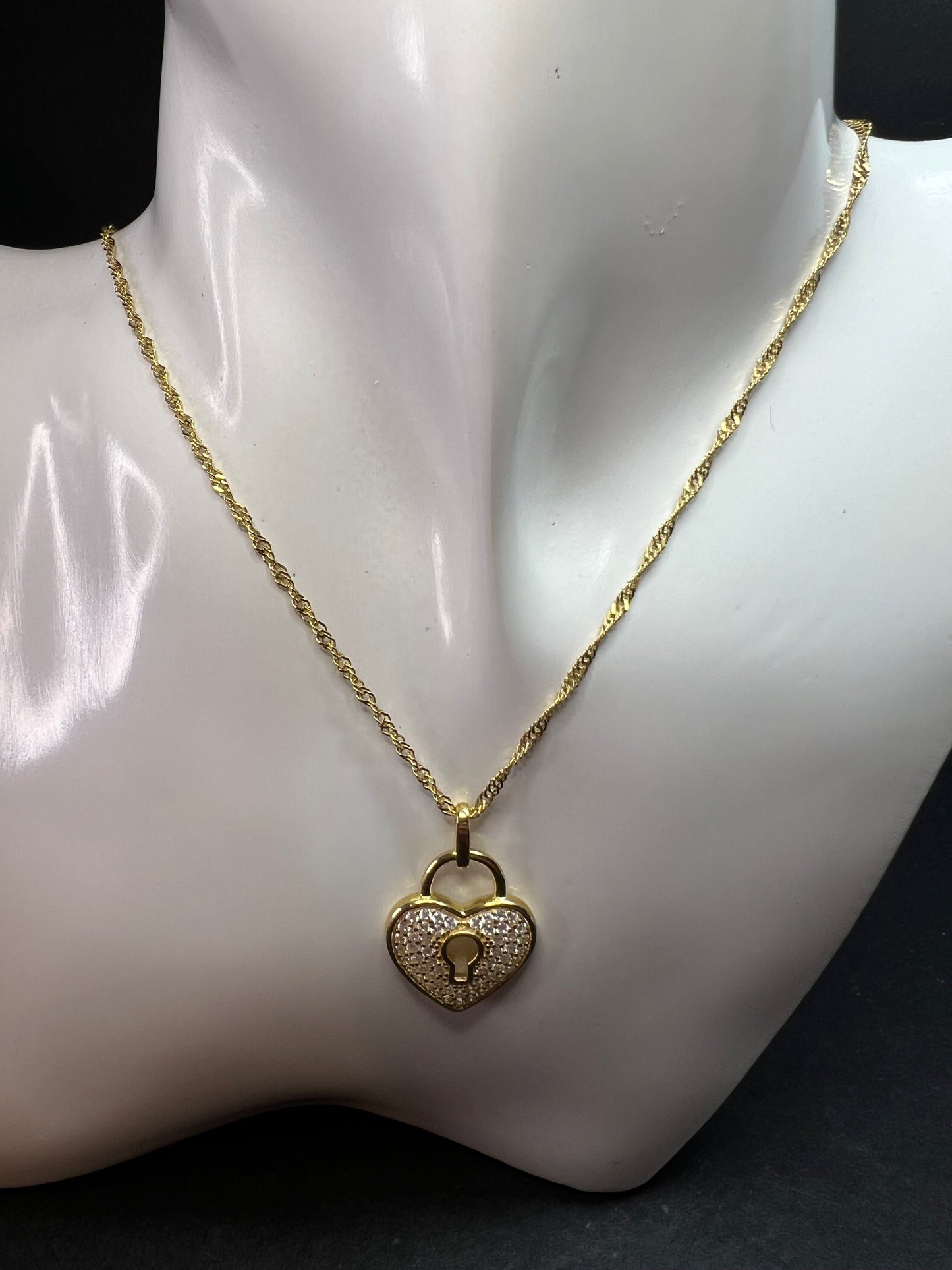 NEW Gold Plated Sterling Silver CZ Heart Lock Necklace 18”