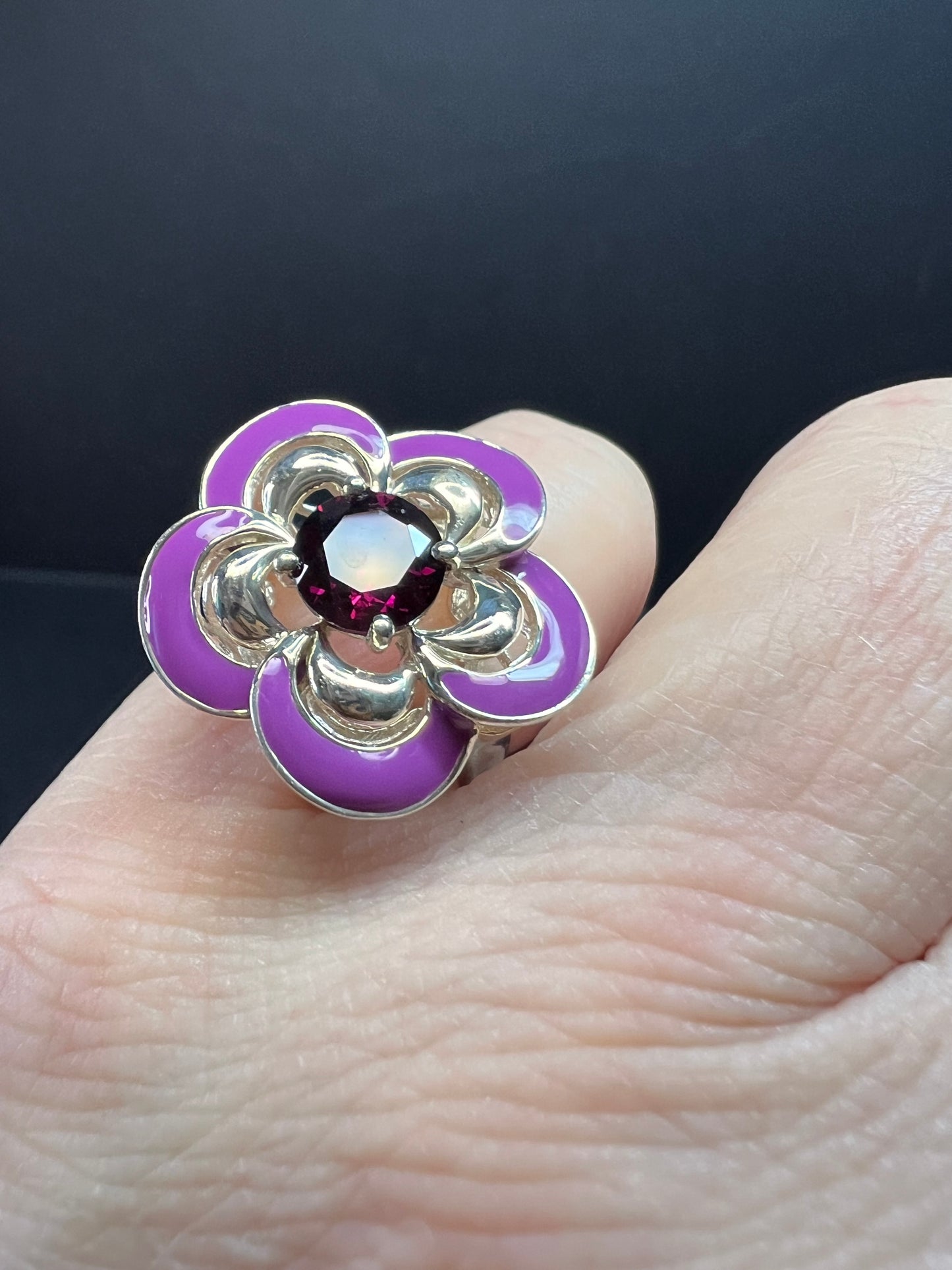 Ross Simons garnet and enamel flower sterling silver ring size 5