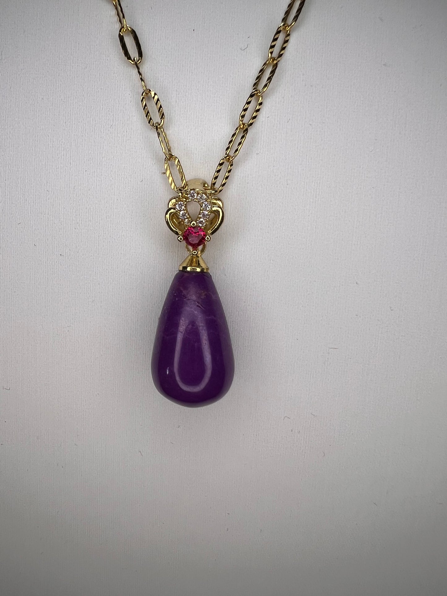 Phosphosiderite and CZ gold tone pendant with gold over sterling silver link chain necklace