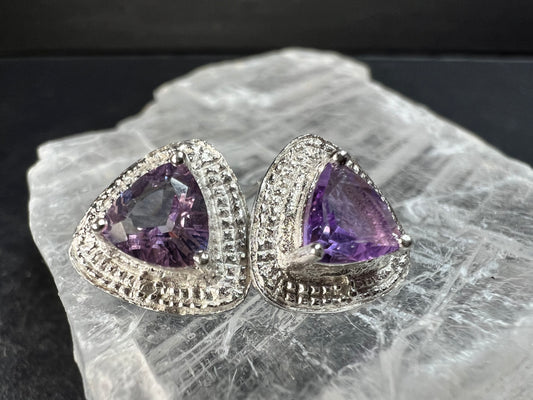 New Sterling Silver Trillion Amethyst Studs w Diamond Accents