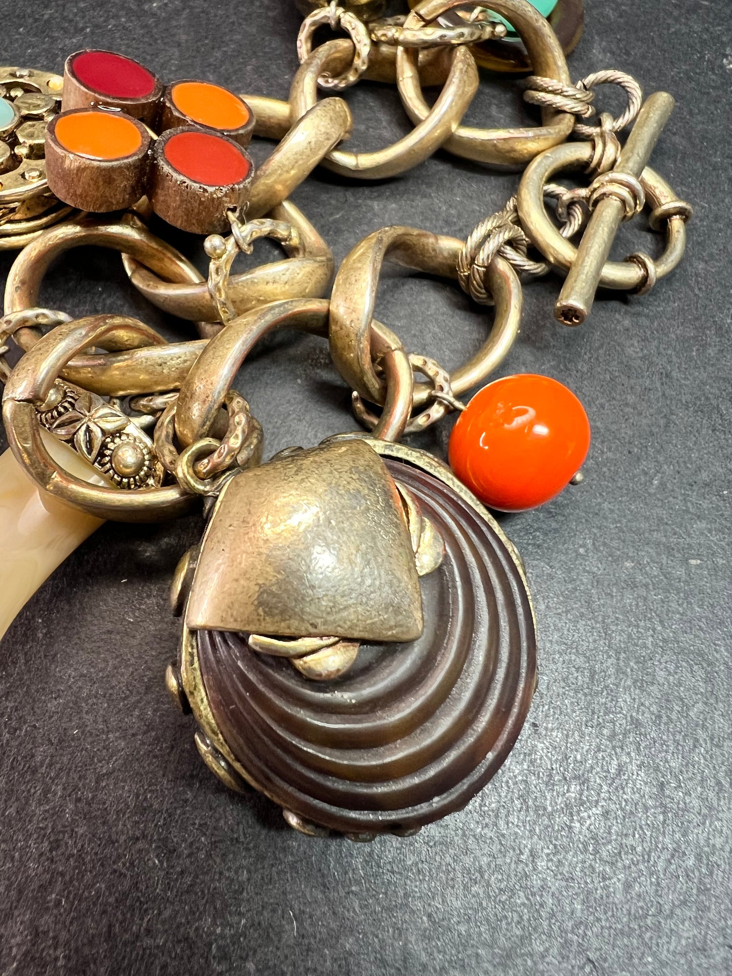 Vintage Charm Bracelet Brass Tone Glass Beads Chunky Statement 8 Inch