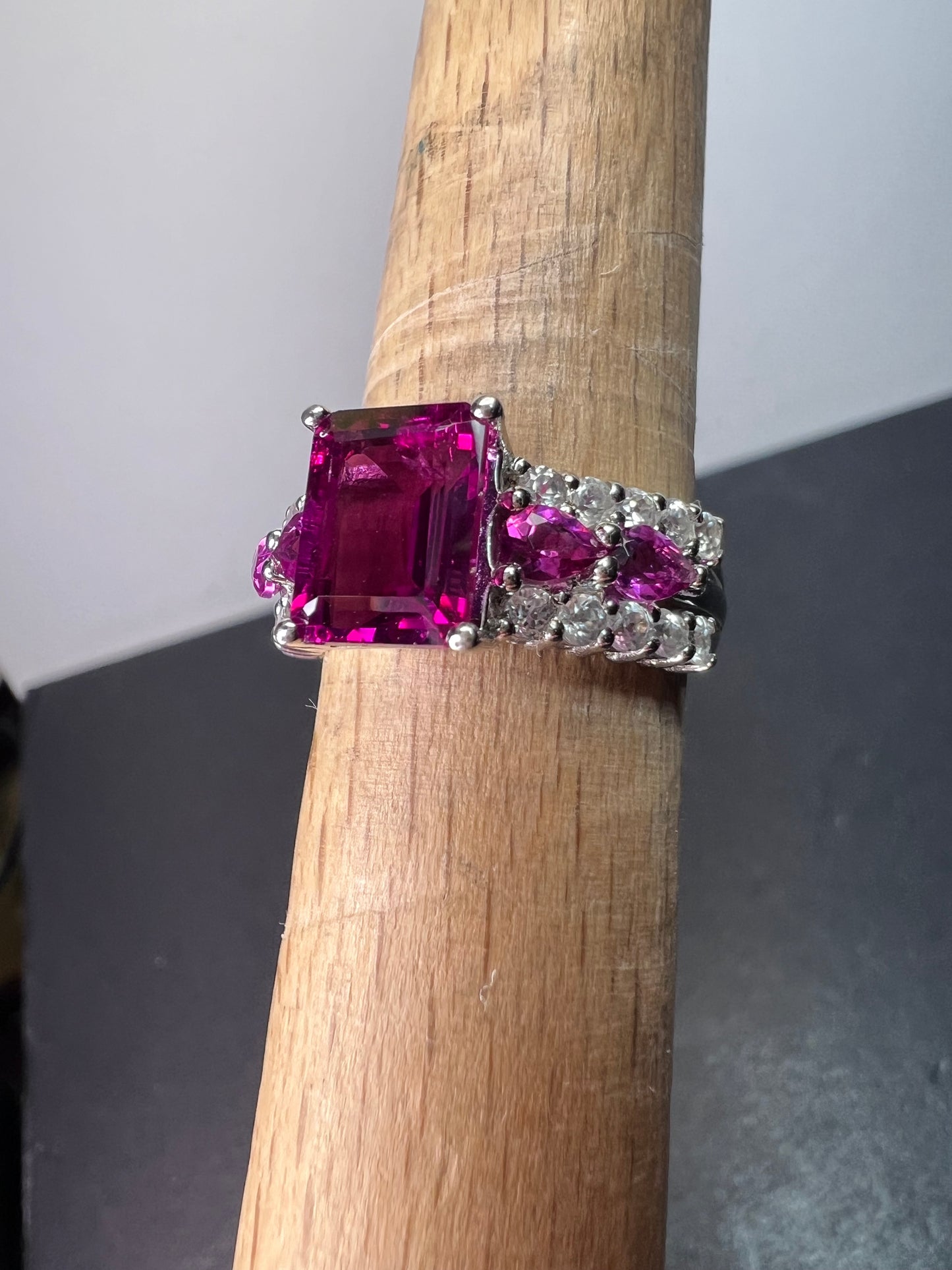 Lab pink tourmaline and white topaz statement ring size 8