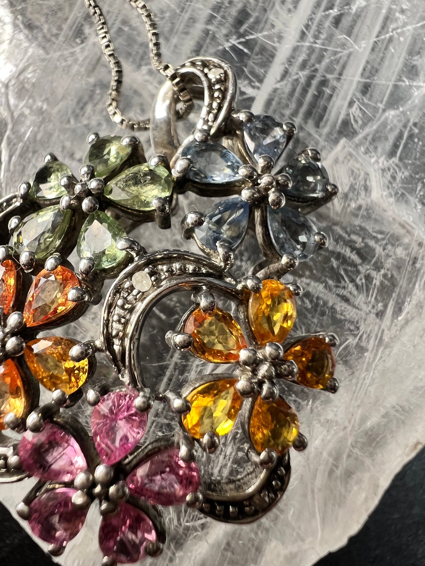 Vintage Sterling Silver Multi Sapphire & Diamond Flower Pendant