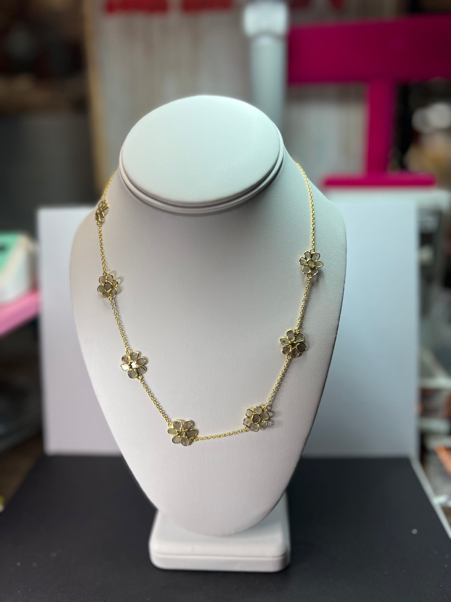 Polki diamond flowers station necklace in vermeil yellow gold over sterling silver