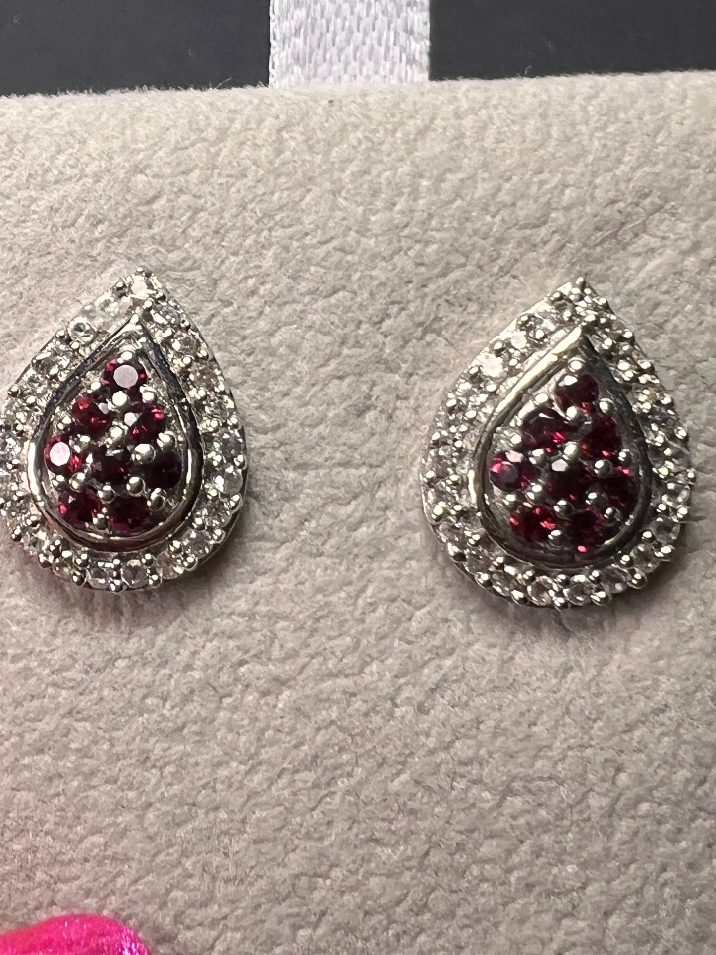 Red garnet and white topaz teardrop sterling silver post halo earrings