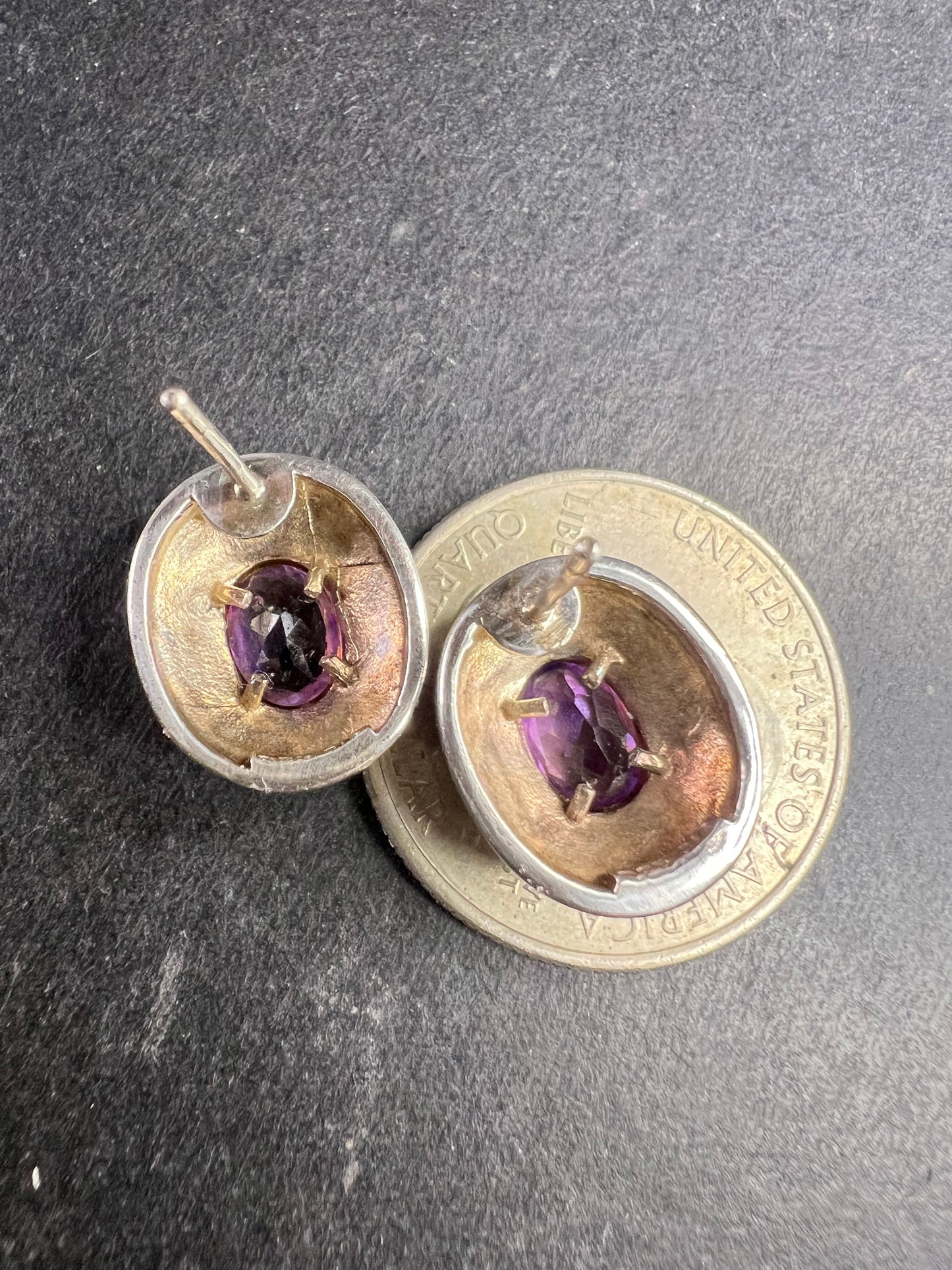 Vintage Sterling Silver Amethyst Modernist Stud Earrings