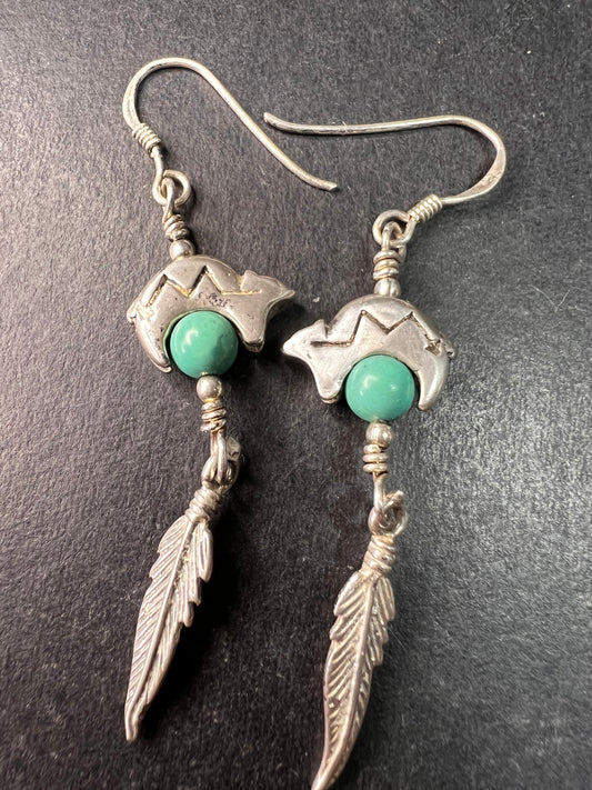 Vintage Sterling Silver Turquoise Earrings – Bear & Feather Motif