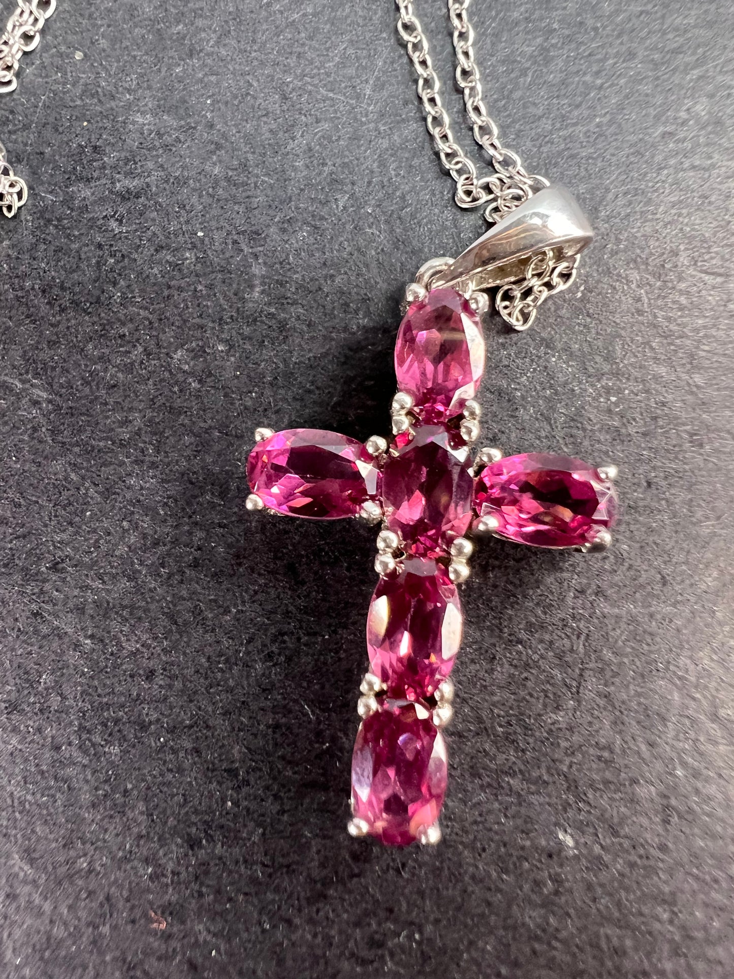 Raspberry rhodolite garnet cross pendant and chain necklace in sterling silver