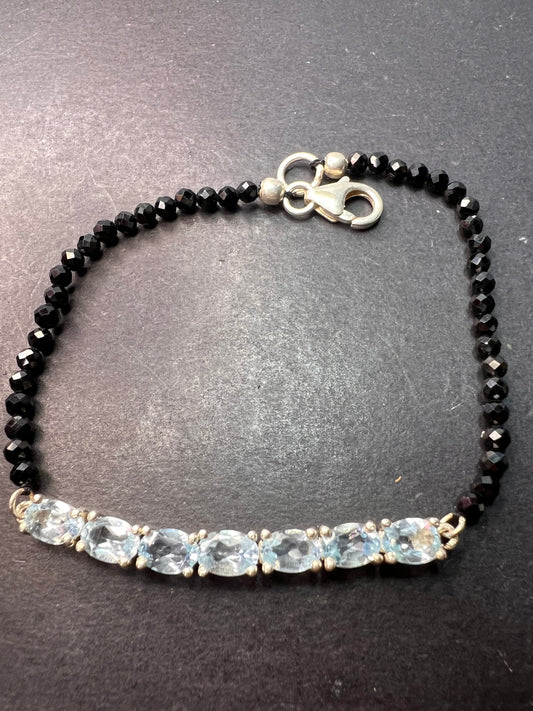 Black spinel and blue topaz bracelet with sterling lobster clasp