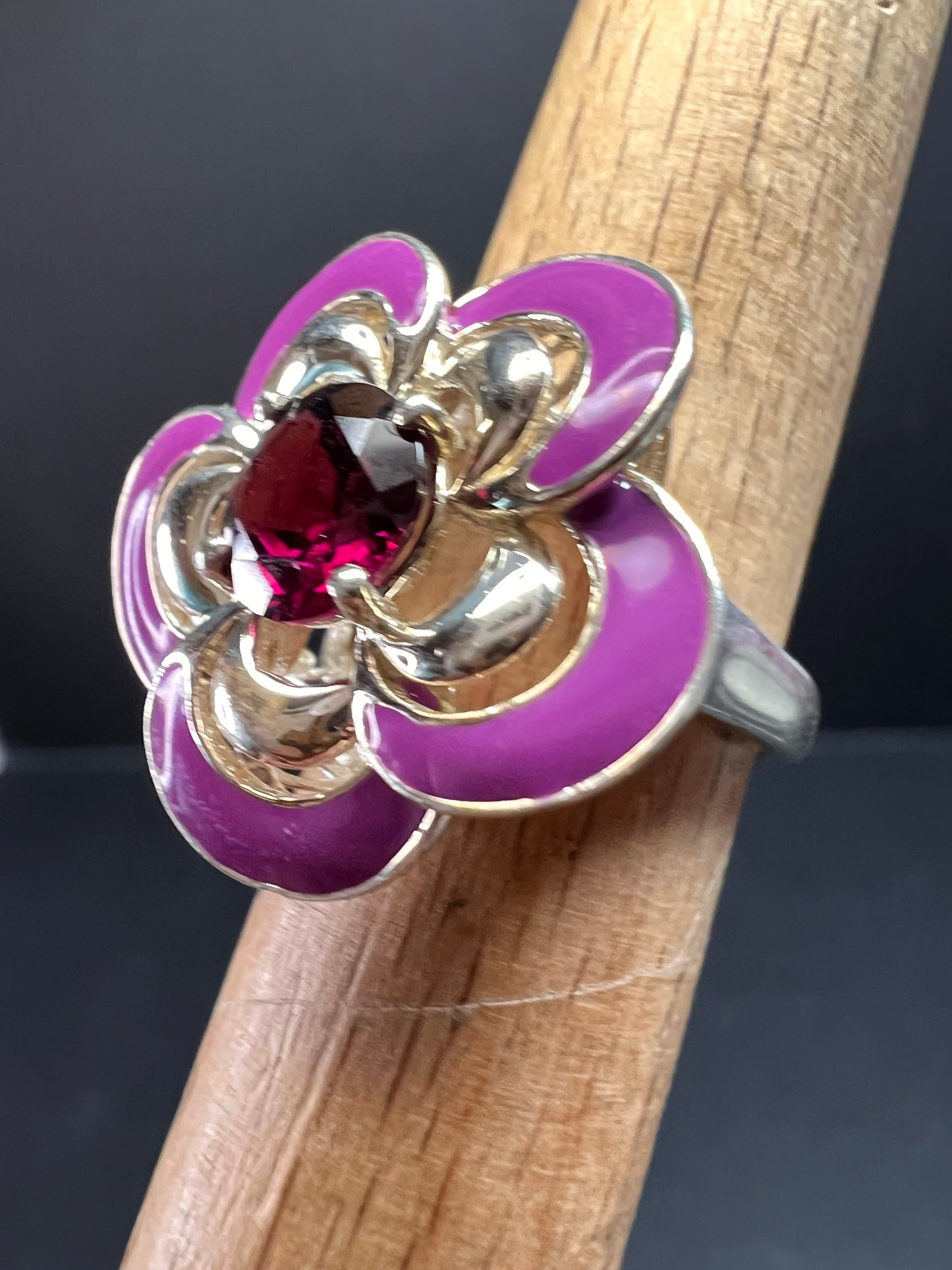 Ross Simons garnet and enamel flower sterling silver ring size 5
