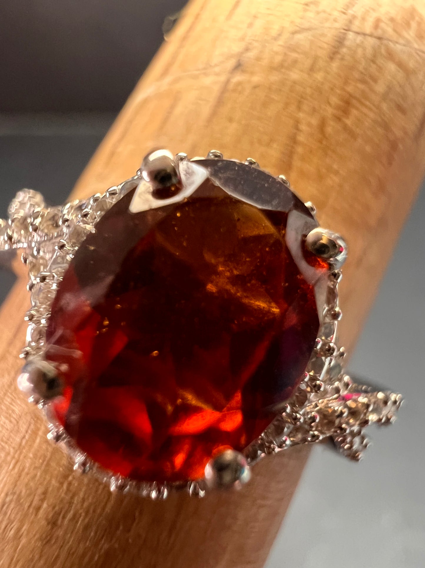 NEW Ceylon Hessonite garnet and zircon ring in rhodium over sterling silver size 7