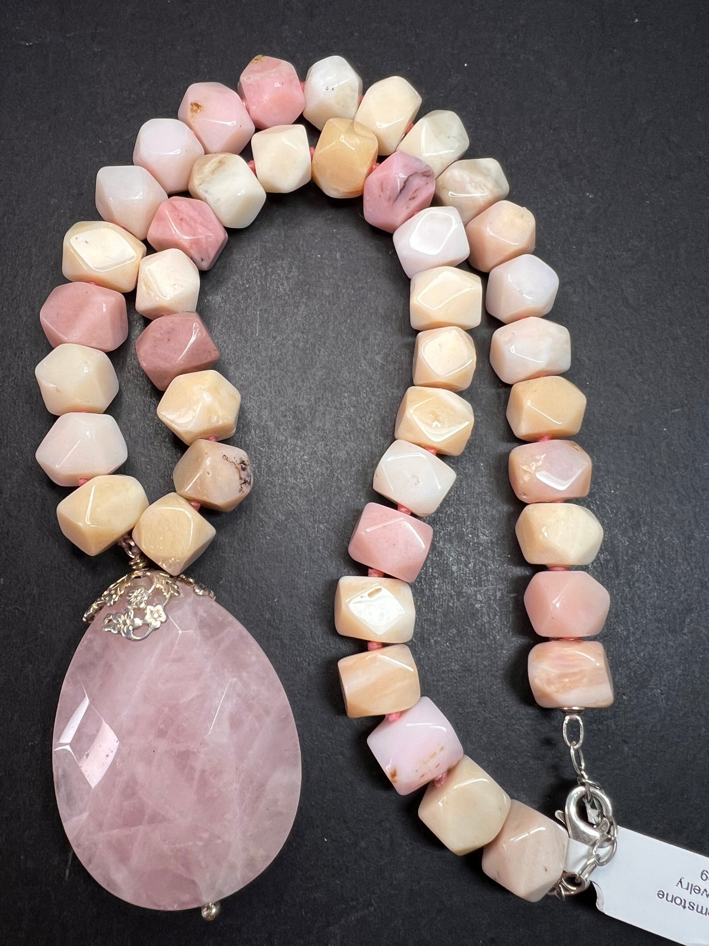 NEW pink opal and rose quartz Sterling silver necklace