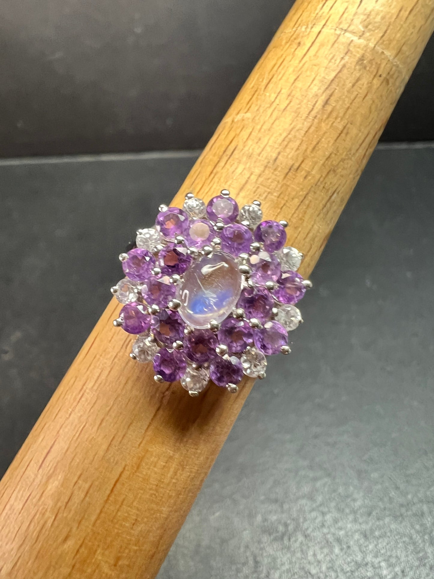 Rainbow Moonstone Amethyst White Topaz Sterling Ring Sz 9