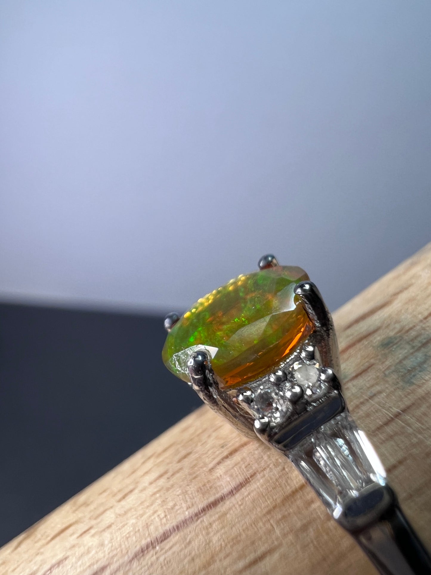 Ethiopian opal and white topaz sterling silver ring size 9