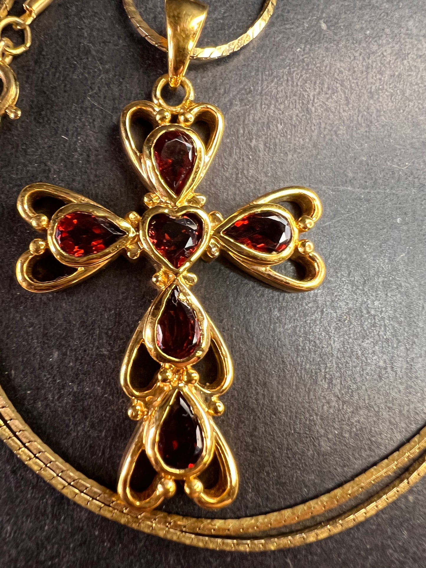 Vintage SETA Garnet Cross Pendant Necklace Gold Tone 24”