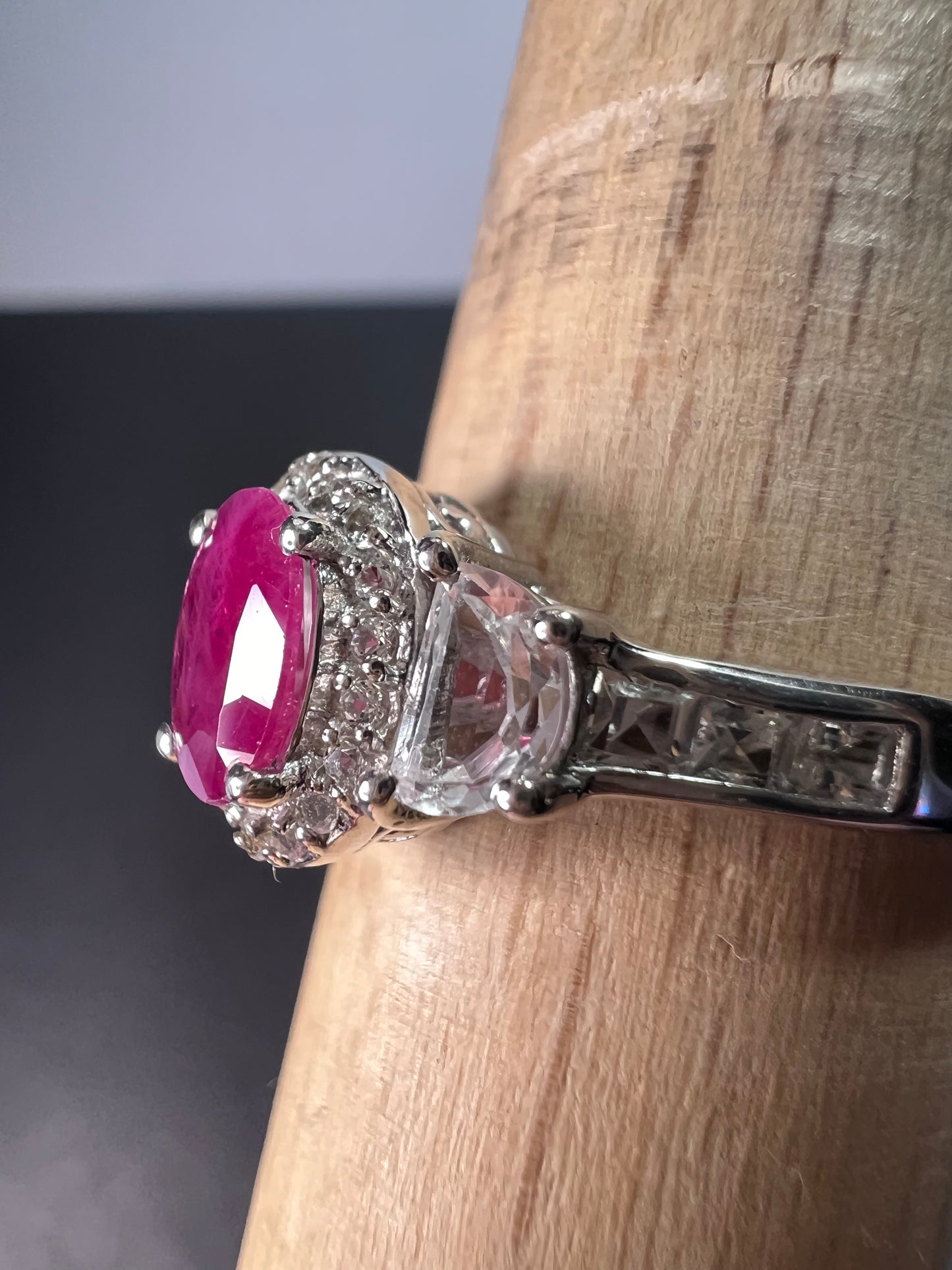 Ruby and white topaz sterling halo ring size 9