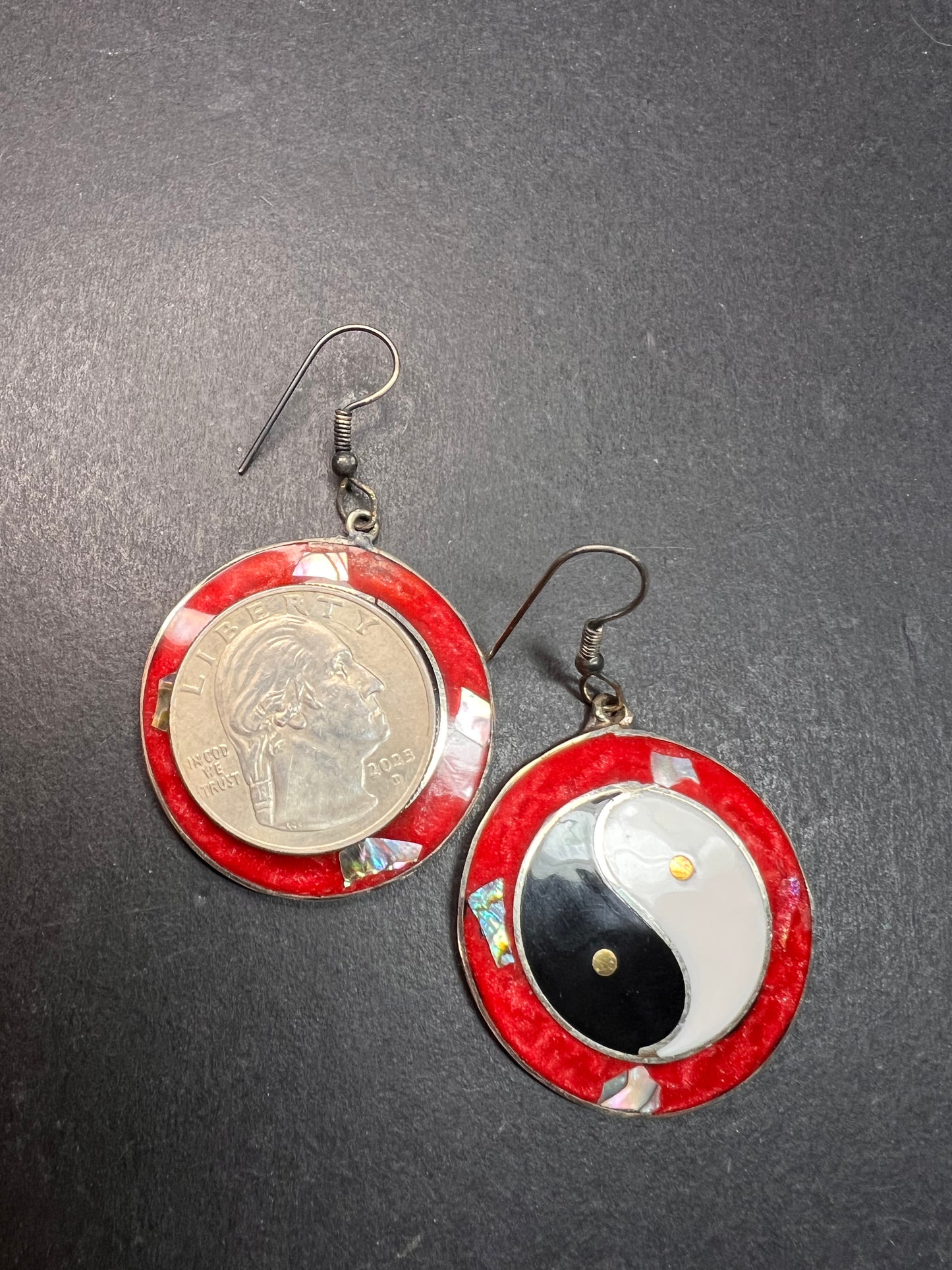 Vintage ALPACA MEXICO Silver MOP Abalone Yin Yang Drop Earrings
