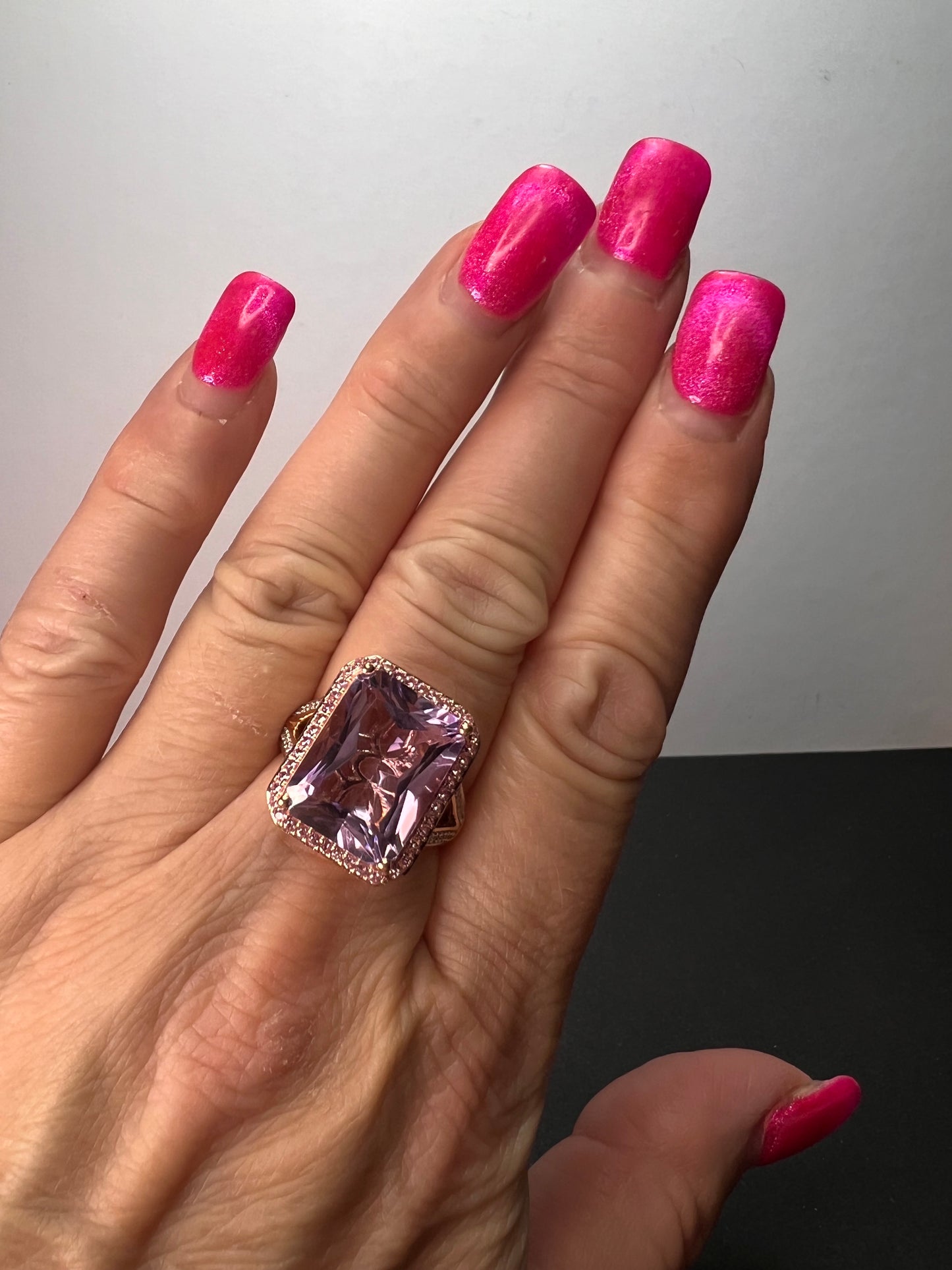 Radiant cut rose de France amethyst and pink sapphire halo ring in rose gold vermeil over sterling silver size 8 *NEW*