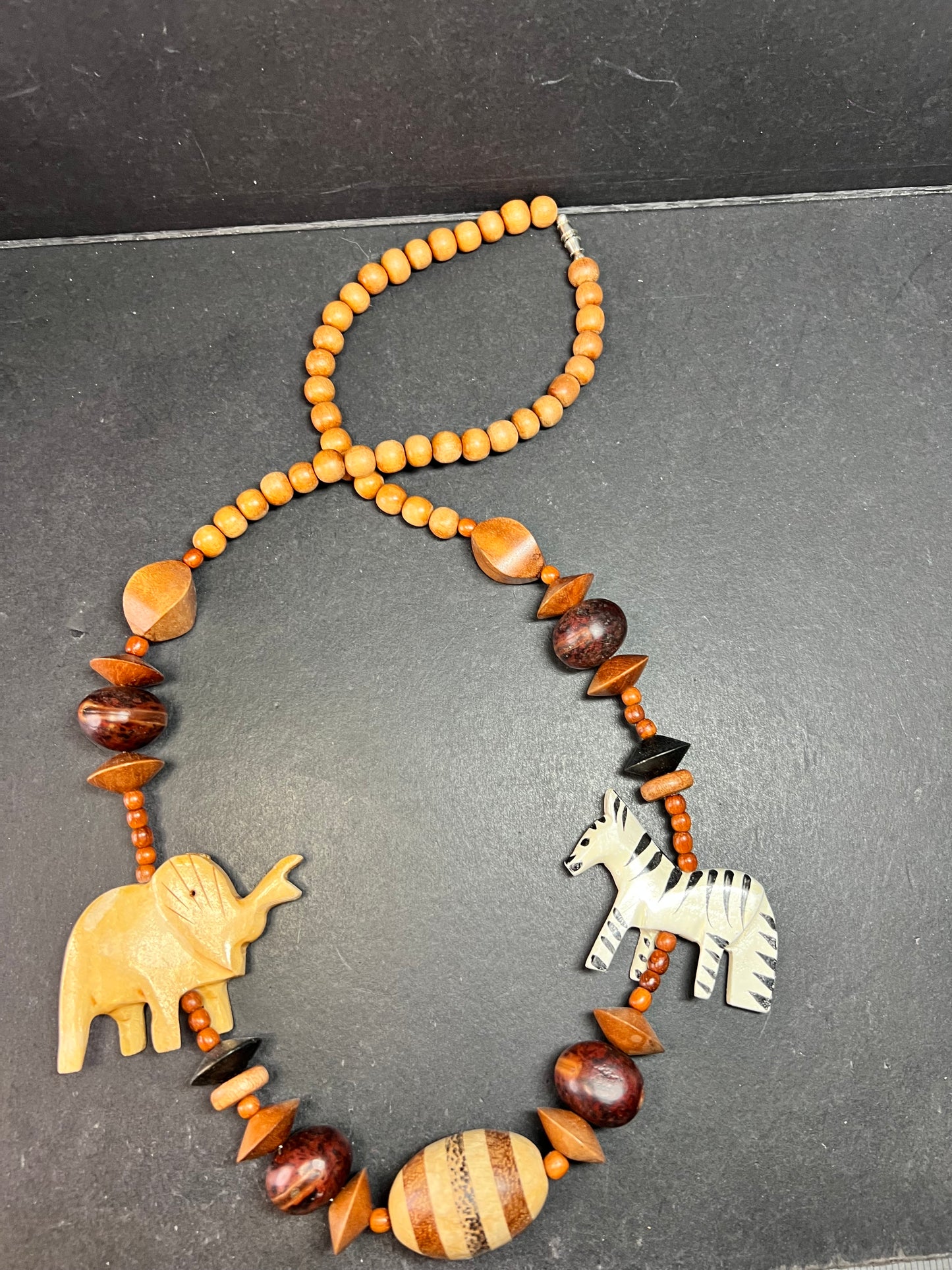 Vintage Carved Animal Wood Bead Statement Necklace 30”